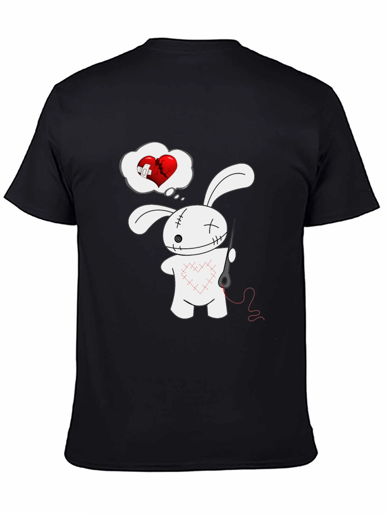 Stitched Heart Bunny Graphic Tee - Black Cotton Shirt