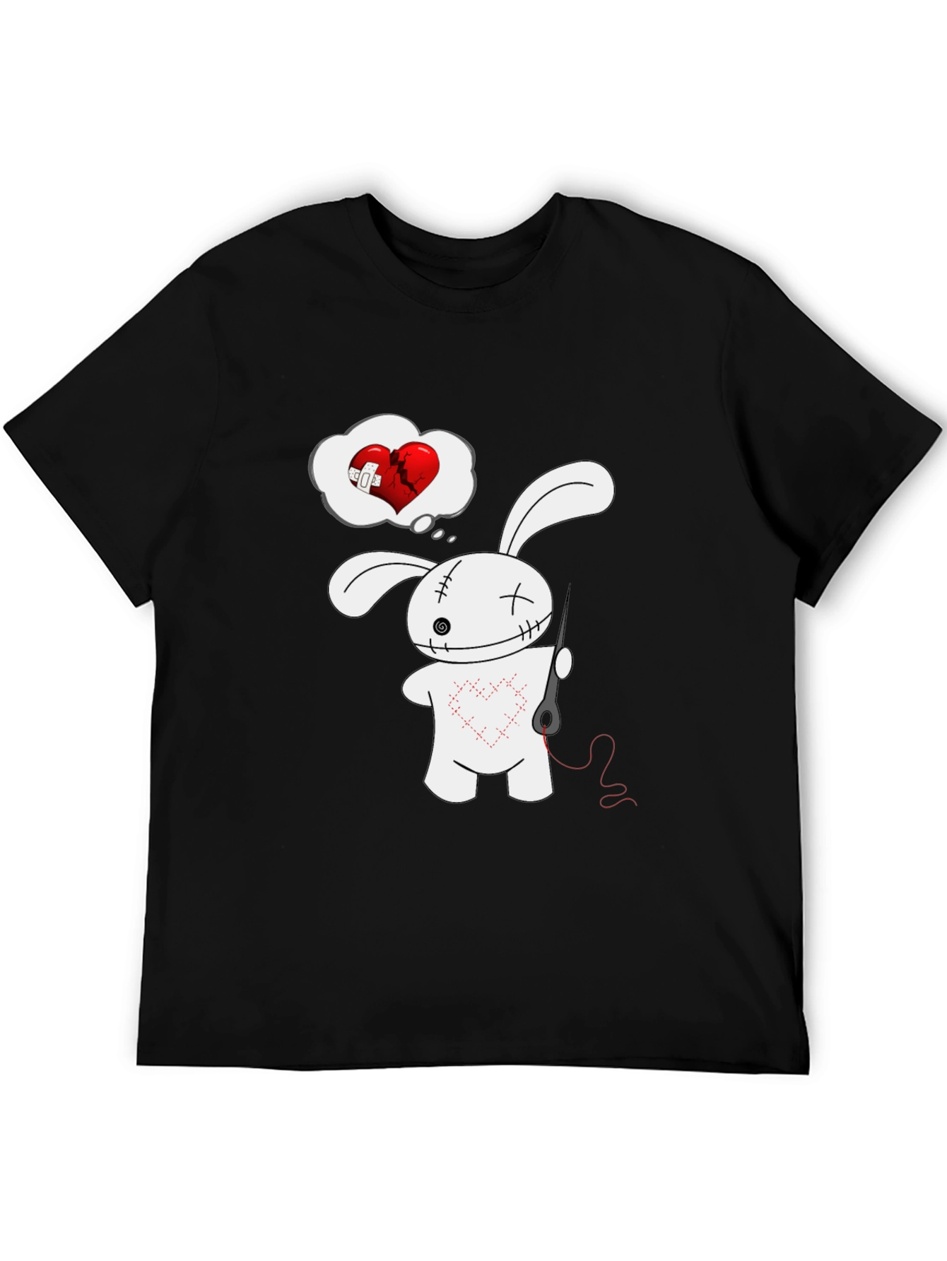 Stitched Heart Bunny Graphic Tee - Black Cotton Shirt