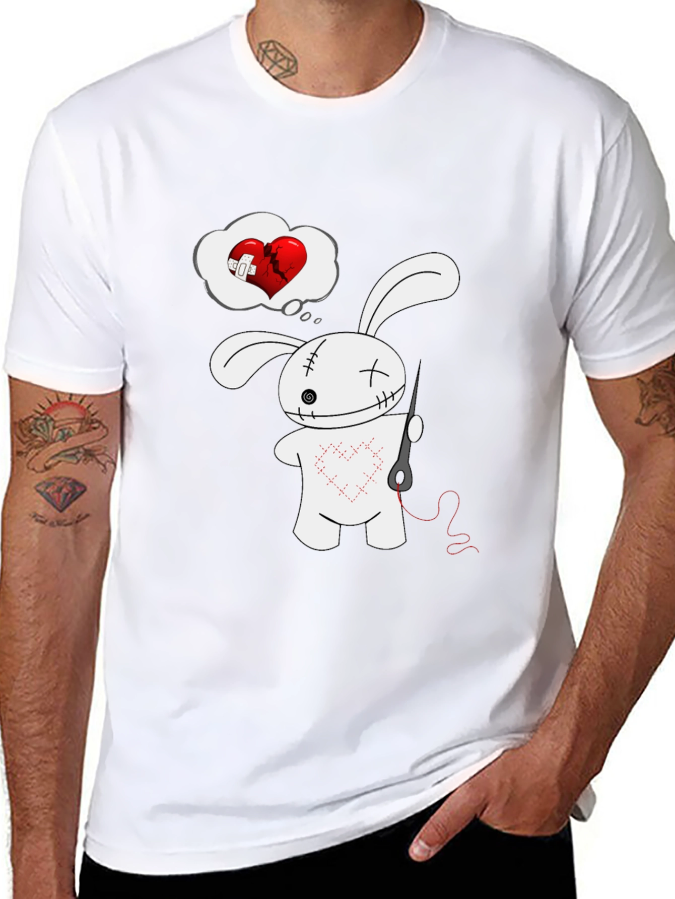 Stitched Heart Bunny Graphic Tee - Black Cotton Shirt