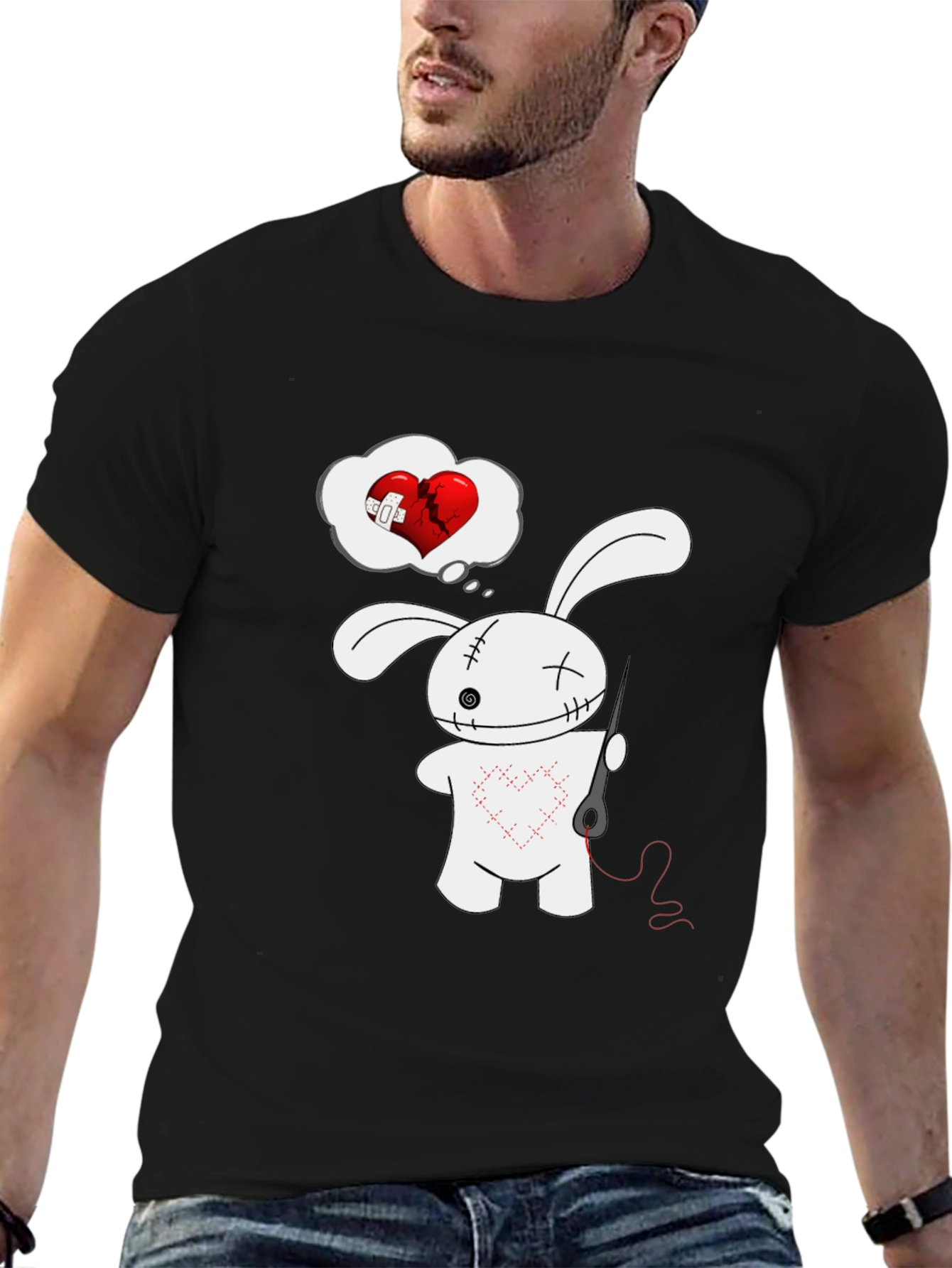 Stitched Heart Bunny Graphic Tee - Black Cotton Shirt