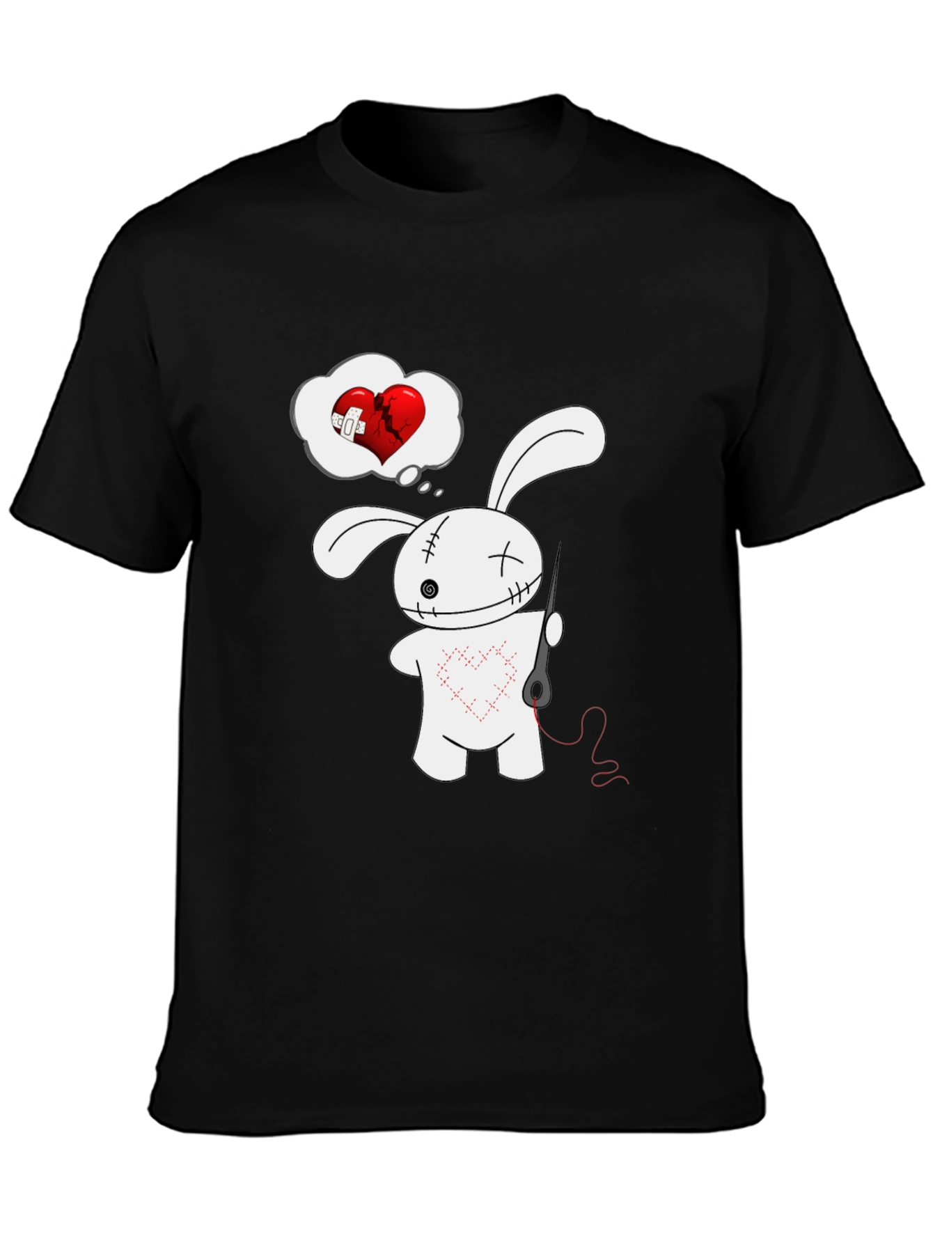 Stitched Heart Bunny Graphic Tee - Black Cotton Shirt