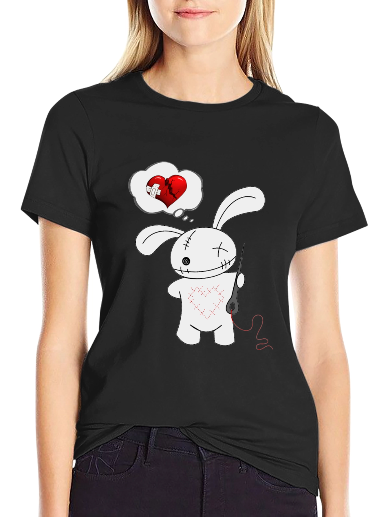Stitched Heart Bunny Graphic Tee - Black Cotton Shirt