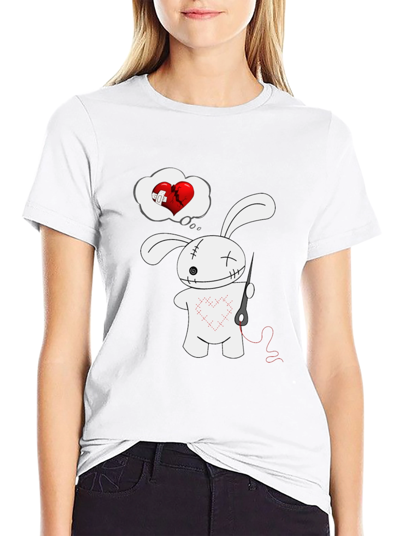 Stitched Heart Bunny Graphic Tee - Black Cotton Shirt