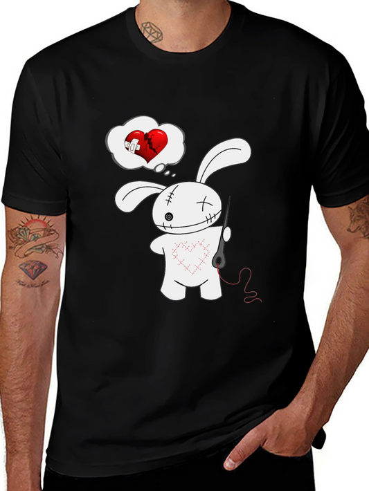 Stitched Heart Bunny Graphic Tee - Black Cotton Shirt