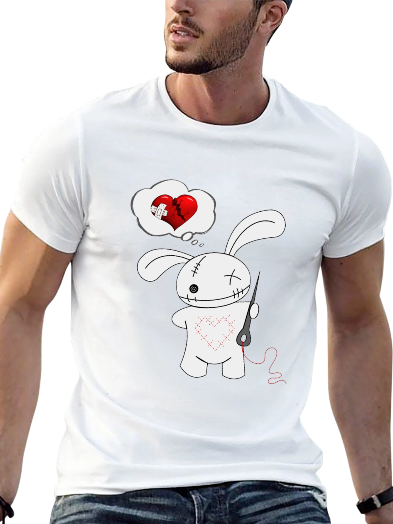Stitched Heart Bunny Graphic Tee - Black Cotton Shirt