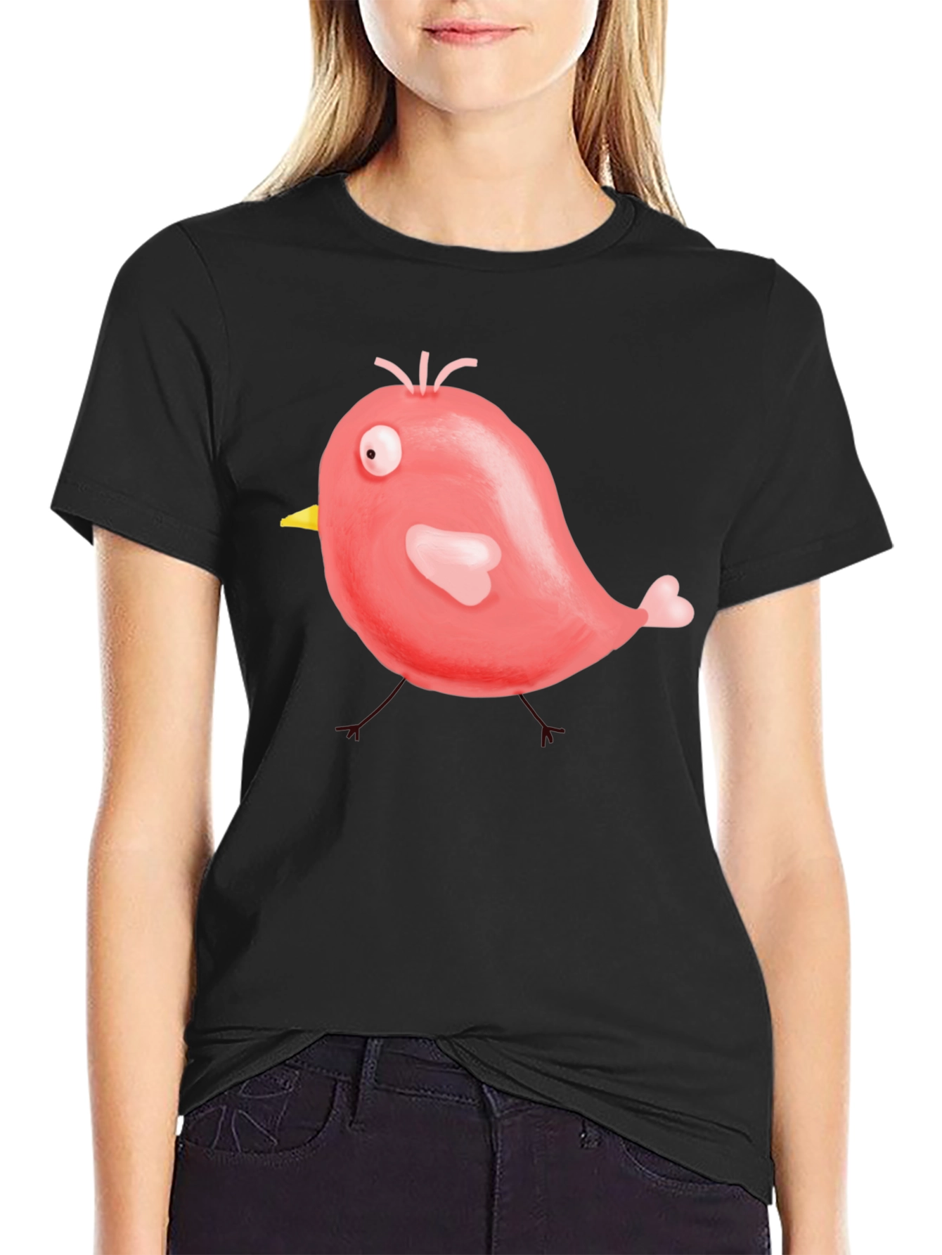 Cute Cartoon Bird Graphic Black T-Shirt