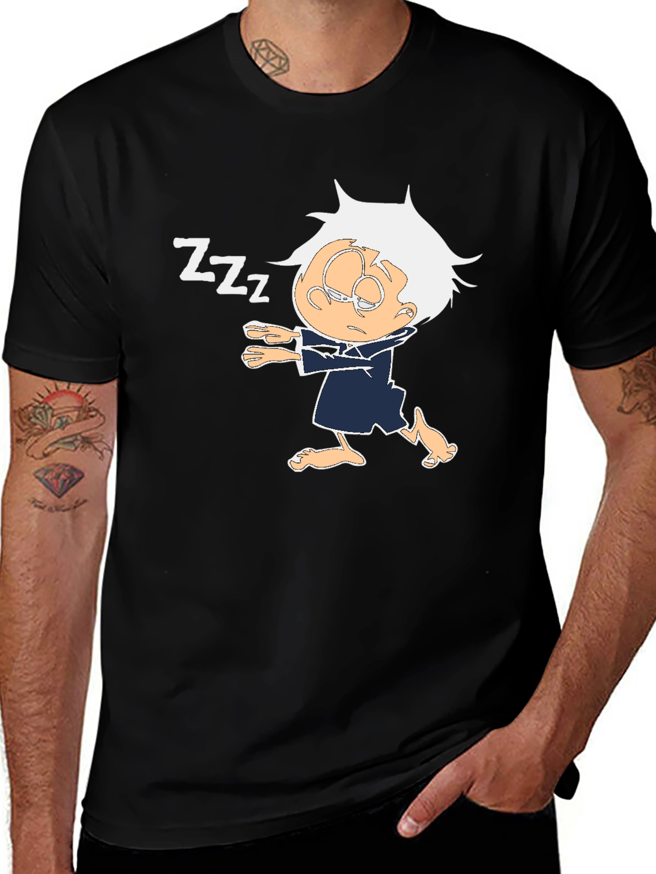 Sleepy Cartoon Character Black T-Shirt