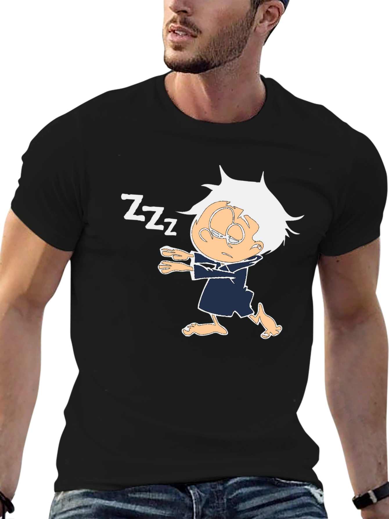 Sleepy Cartoon Character Black T-Shirt