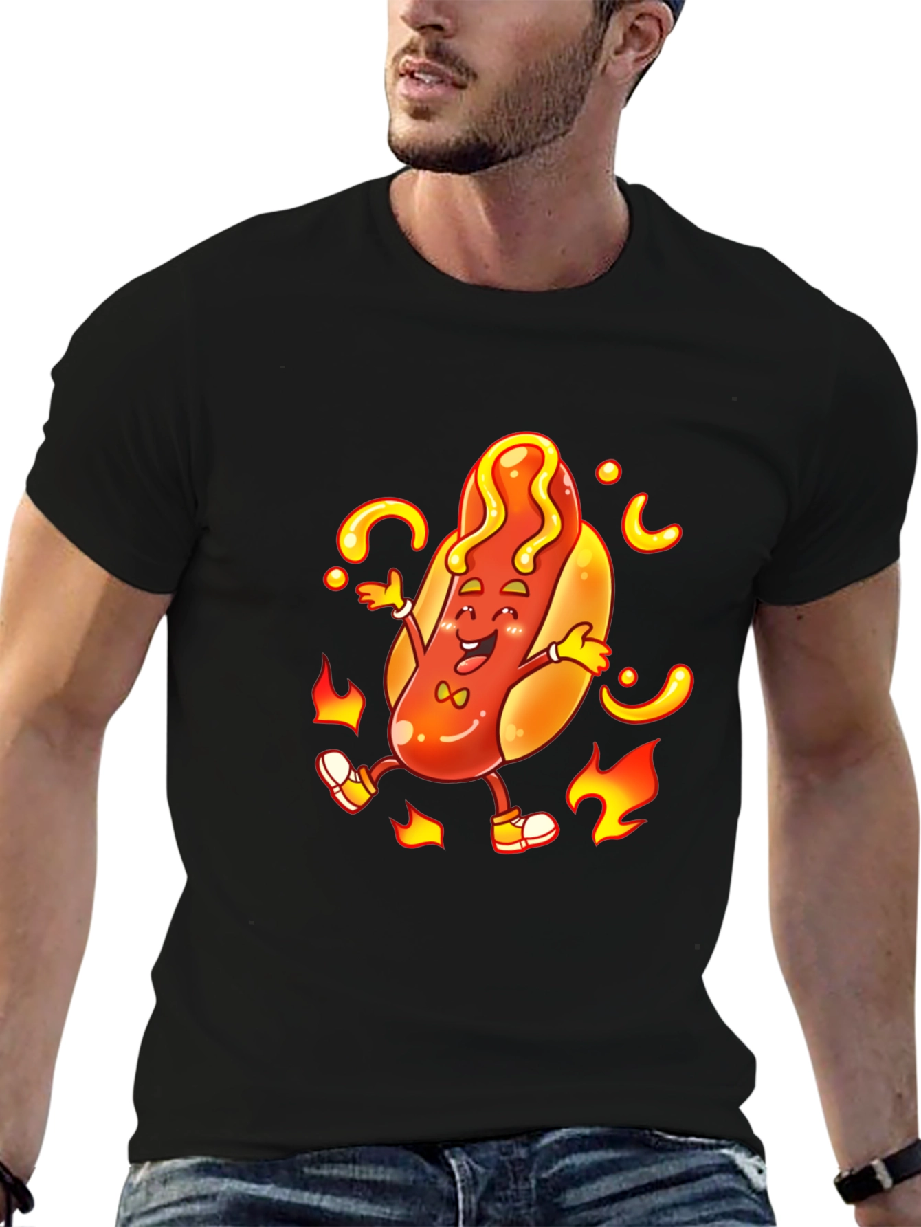 Cartoon Hotdog Graphic T-Shirt - Unisex Black Tee