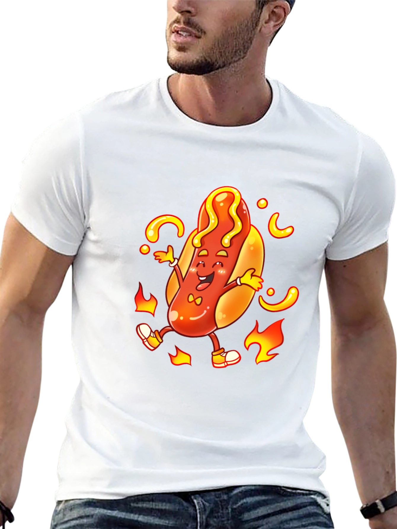 Cartoon Hotdog Graphic T-Shirt - Unisex Black Tee