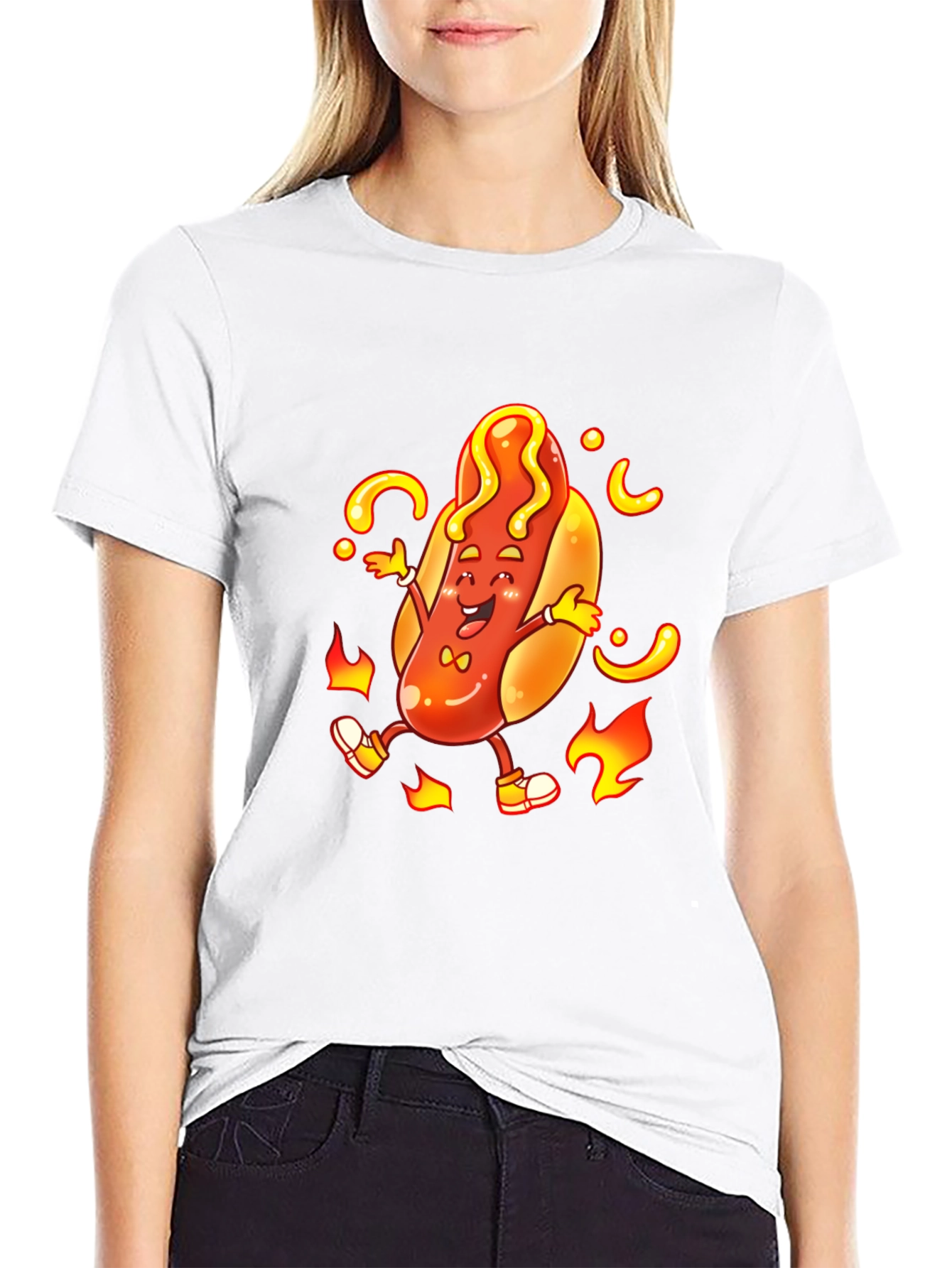 Cartoon Hotdog Graphic T-Shirt - Unisex Black Tee