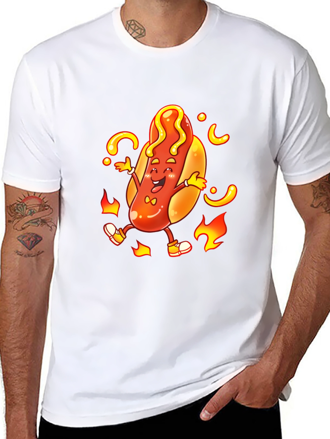 Cartoon Hotdog Graphic T-Shirt - Unisex Black Tee
