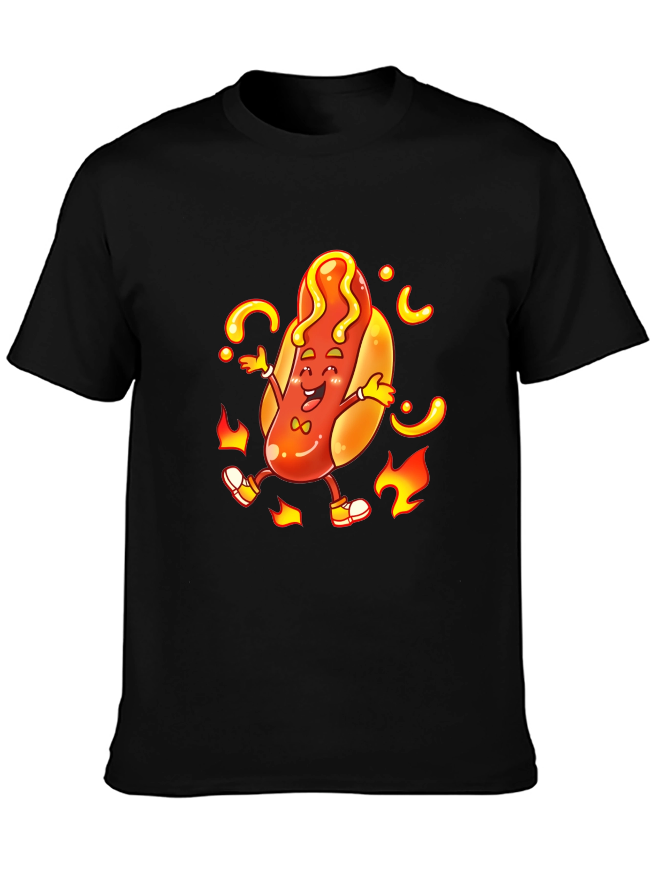 Cartoon Hotdog Graphic T-Shirt - Unisex Black Tee
