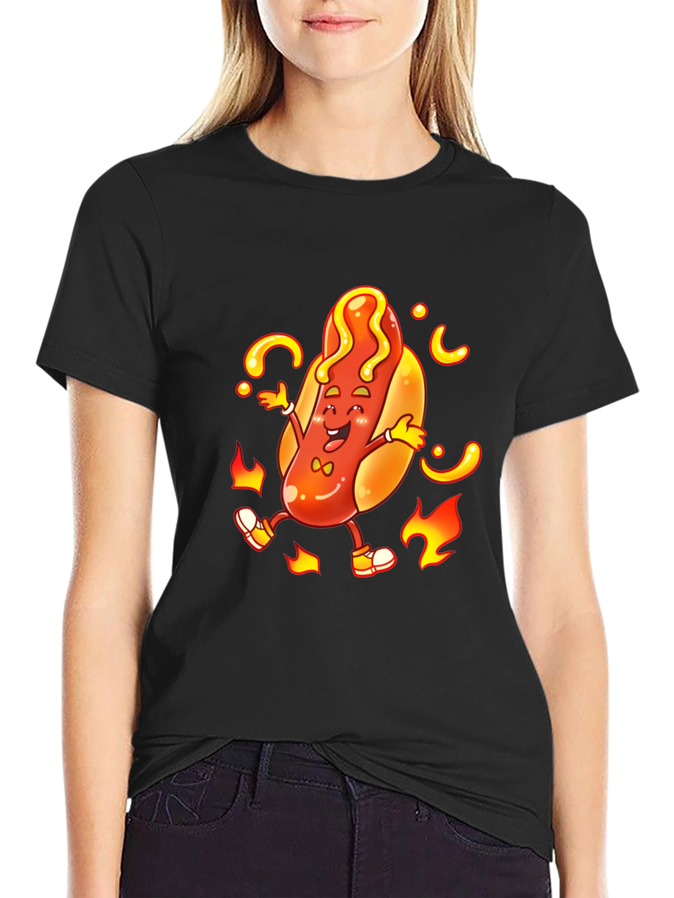 Cartoon Hotdog Graphic T-Shirt - Unisex Black Tee