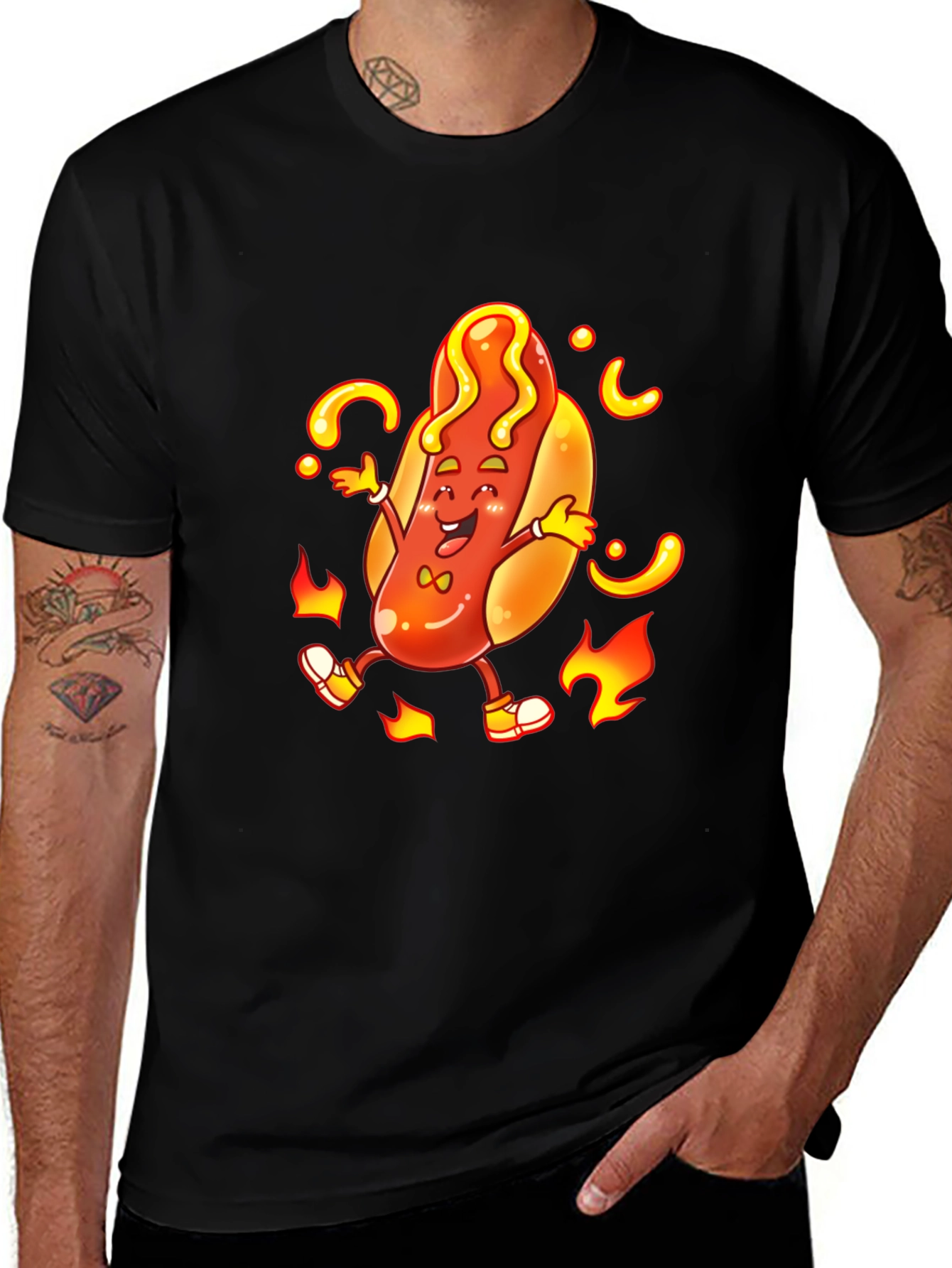 Cartoon Hotdog Graphic T-Shirt - Unisex Black Tee