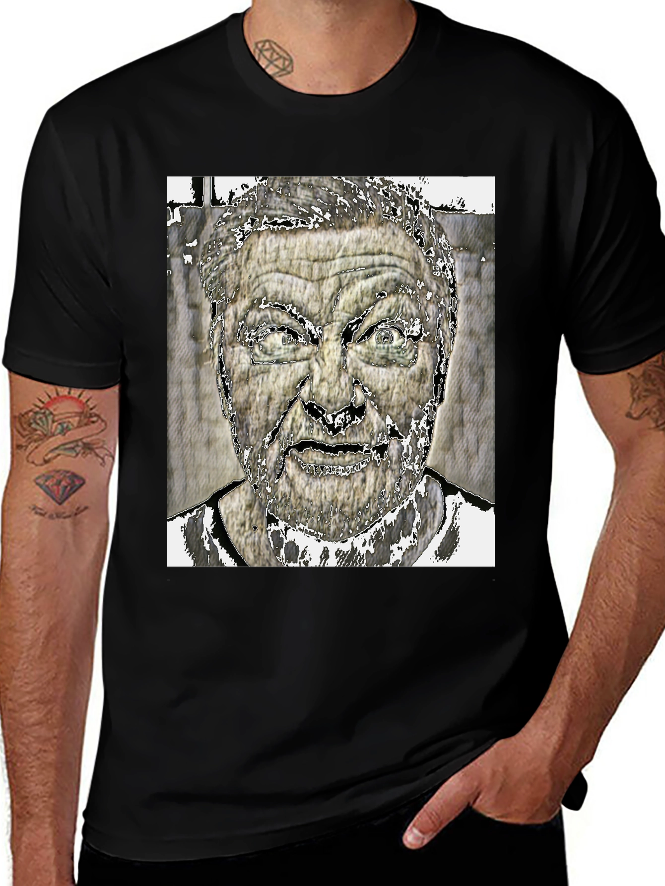 Edgy Graphic Tee: Intense Face Black T-Shirt