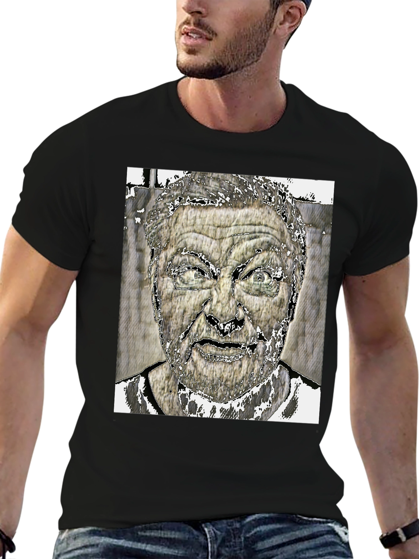 Edgy Graphic Tee: Intense Face Black T-Shirt
