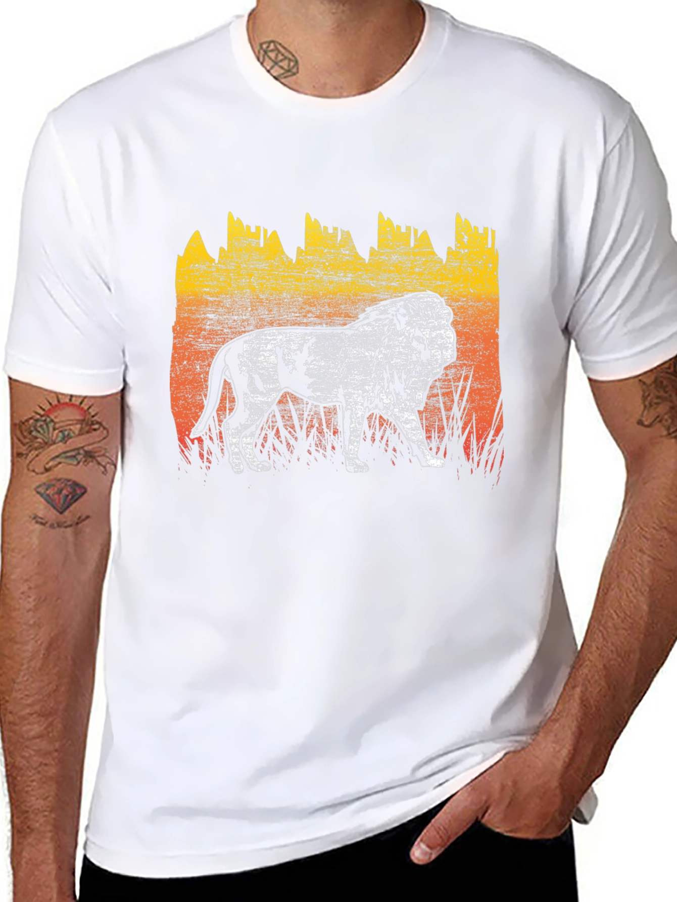 Lion Graphic Tee - Distressed Print Mens T-Shirt