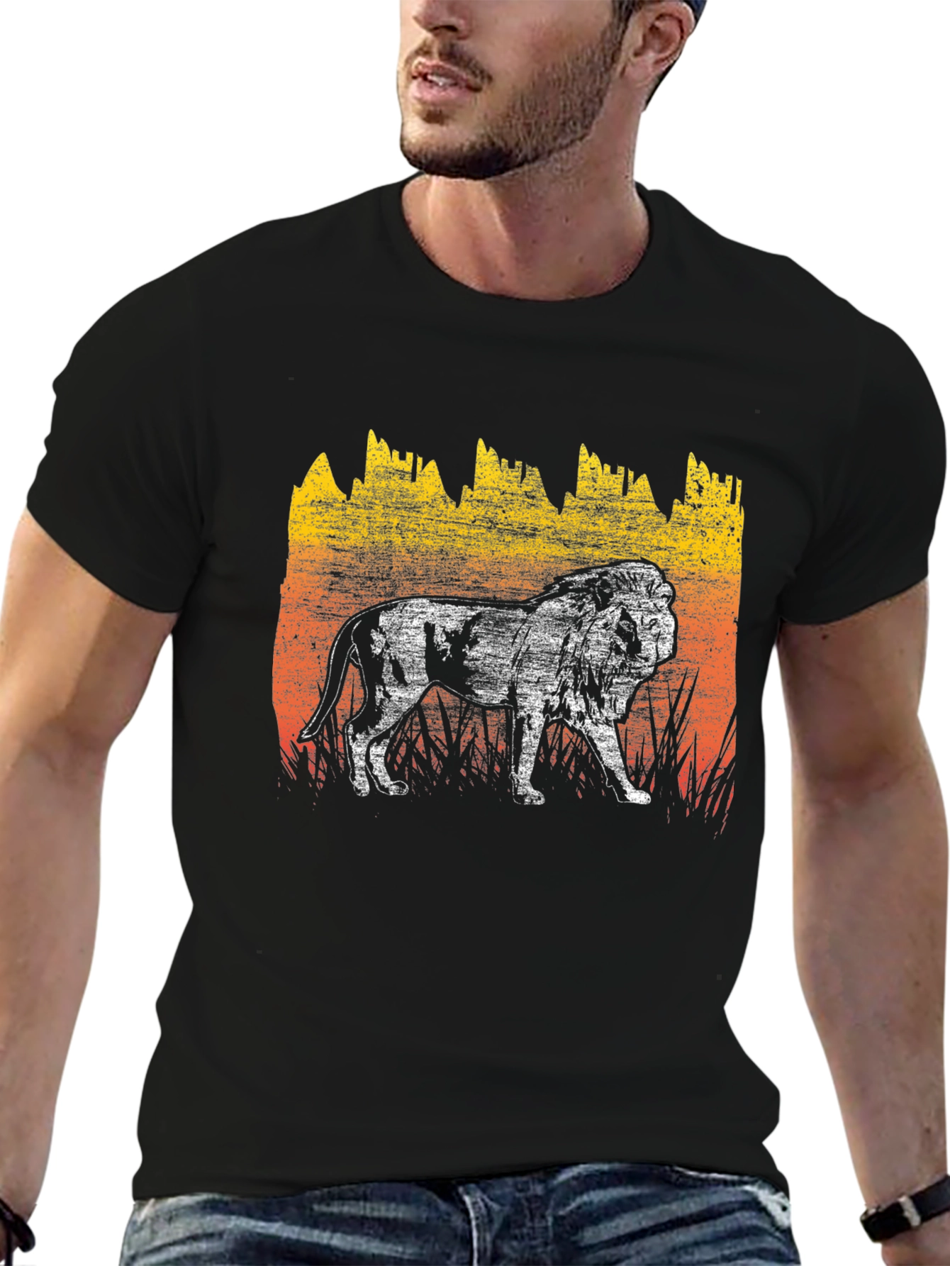 Lion Graphic Tee - Distressed Print Mens T-Shirt