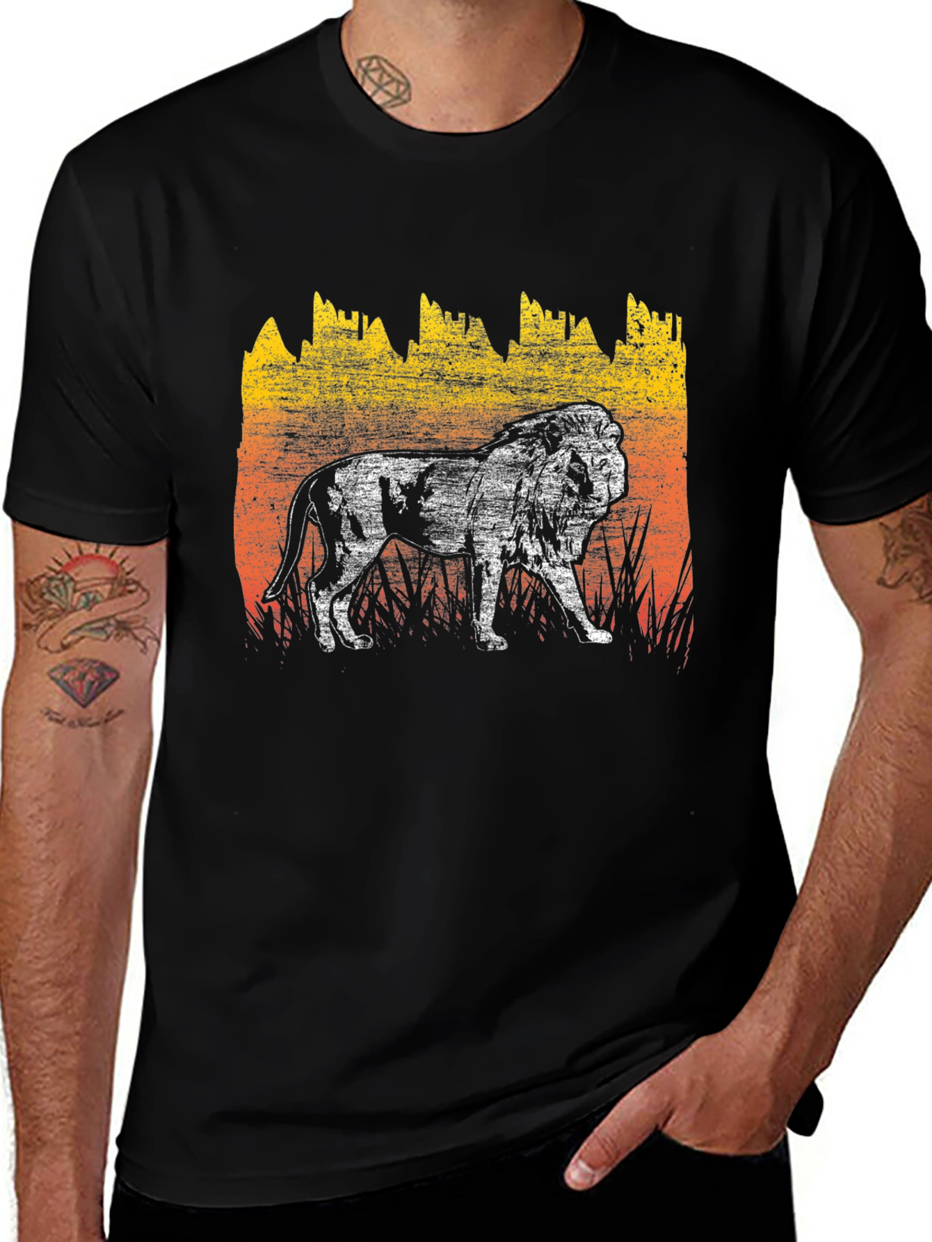 Lion Graphic Tee - Distressed Print Mens T-Shirt