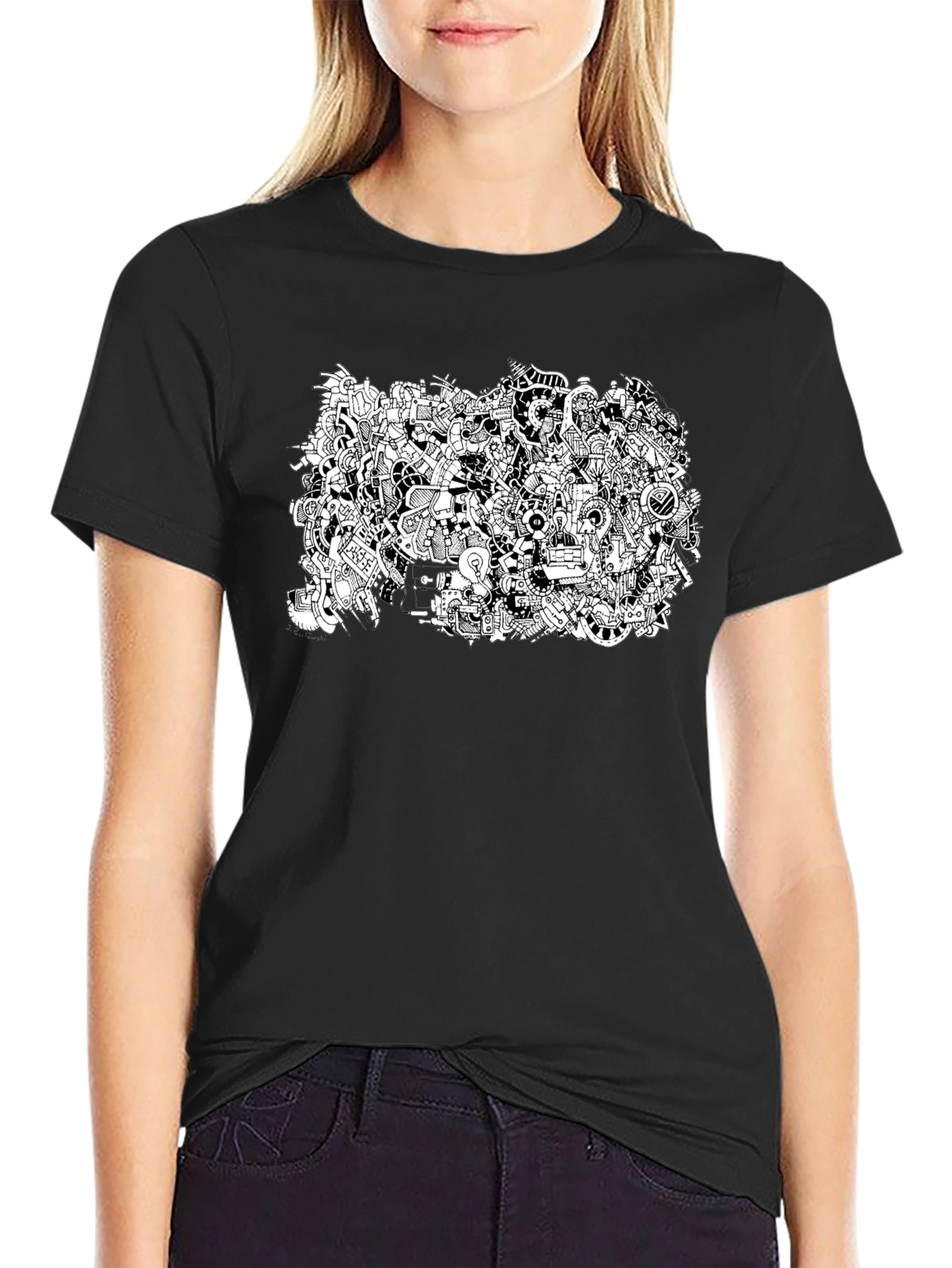 Abstract Doodle Print Black T-Shirt