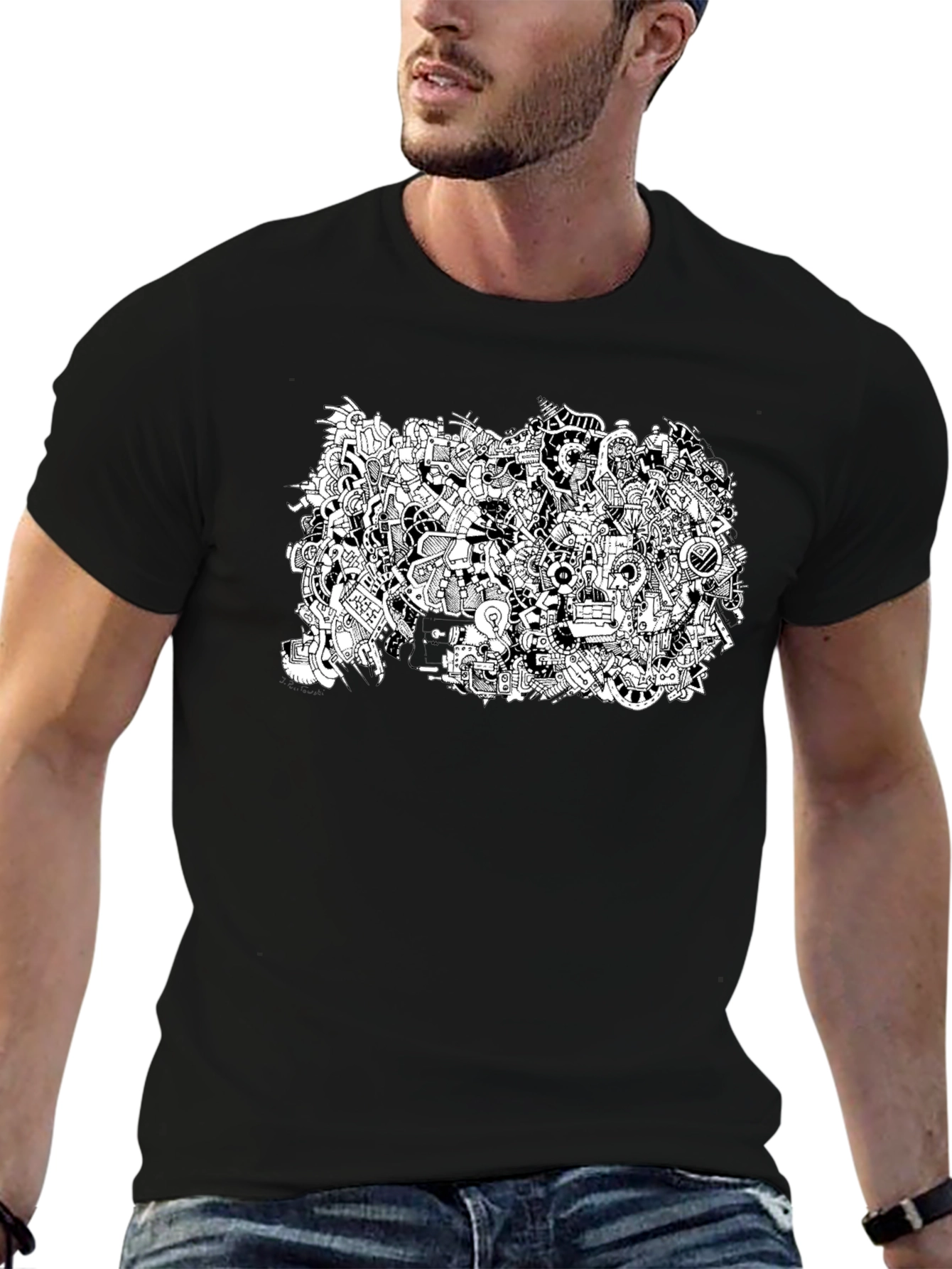 Abstract Doodle Print Black T-Shirt