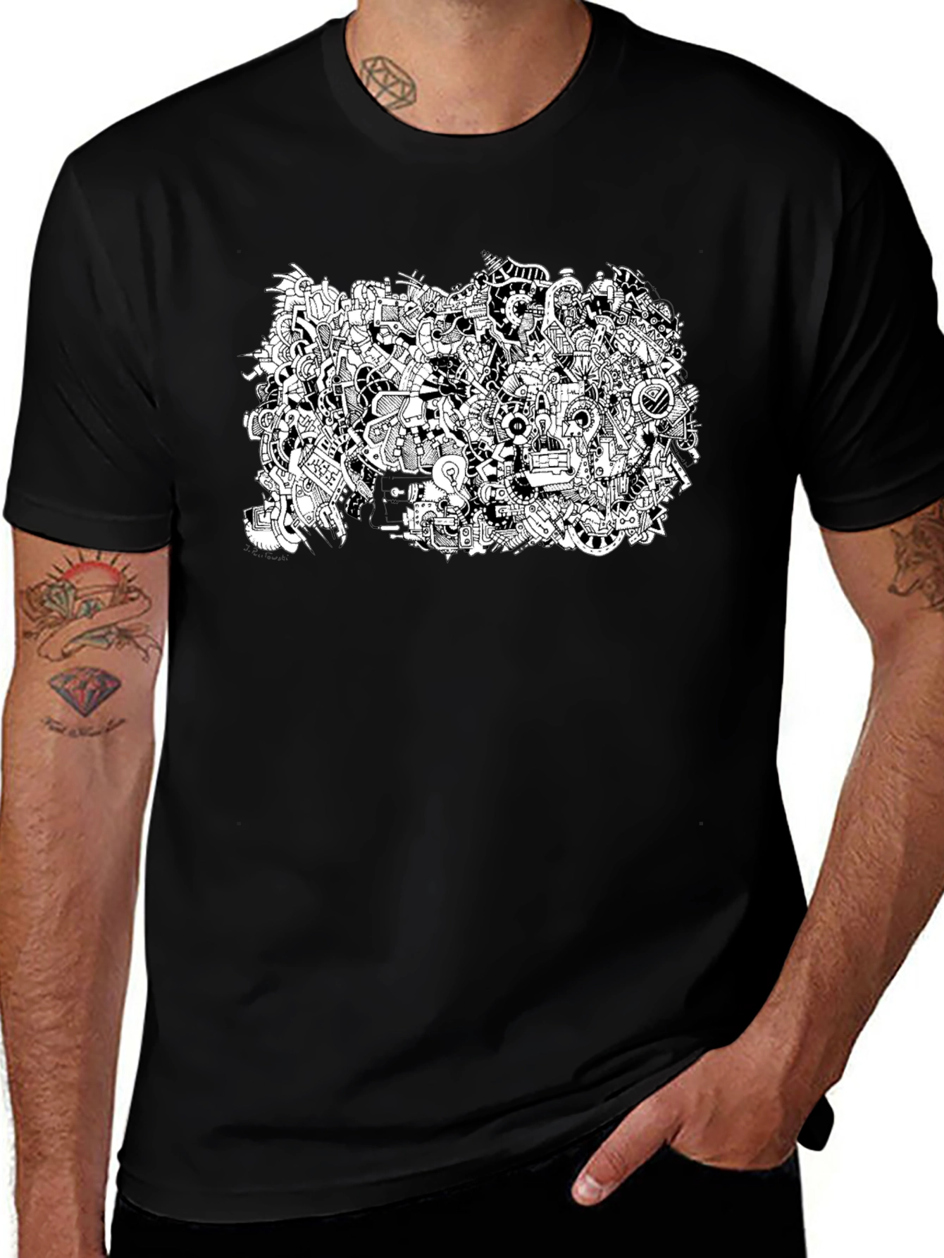 Abstract Doodle Print Black T-Shirt