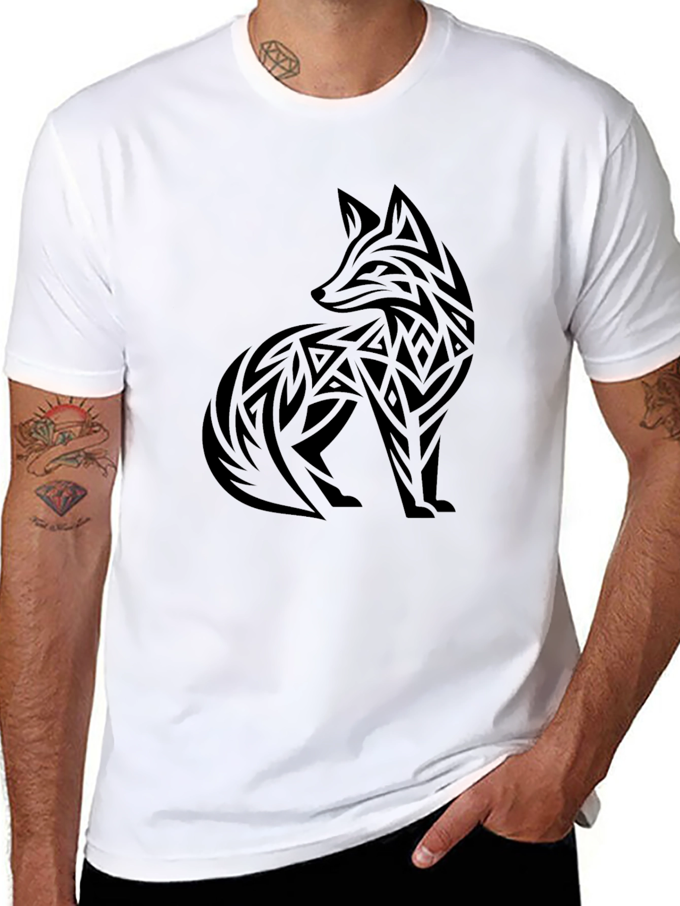 Tribal Fox Graphic Tee - Black Cotton Blend