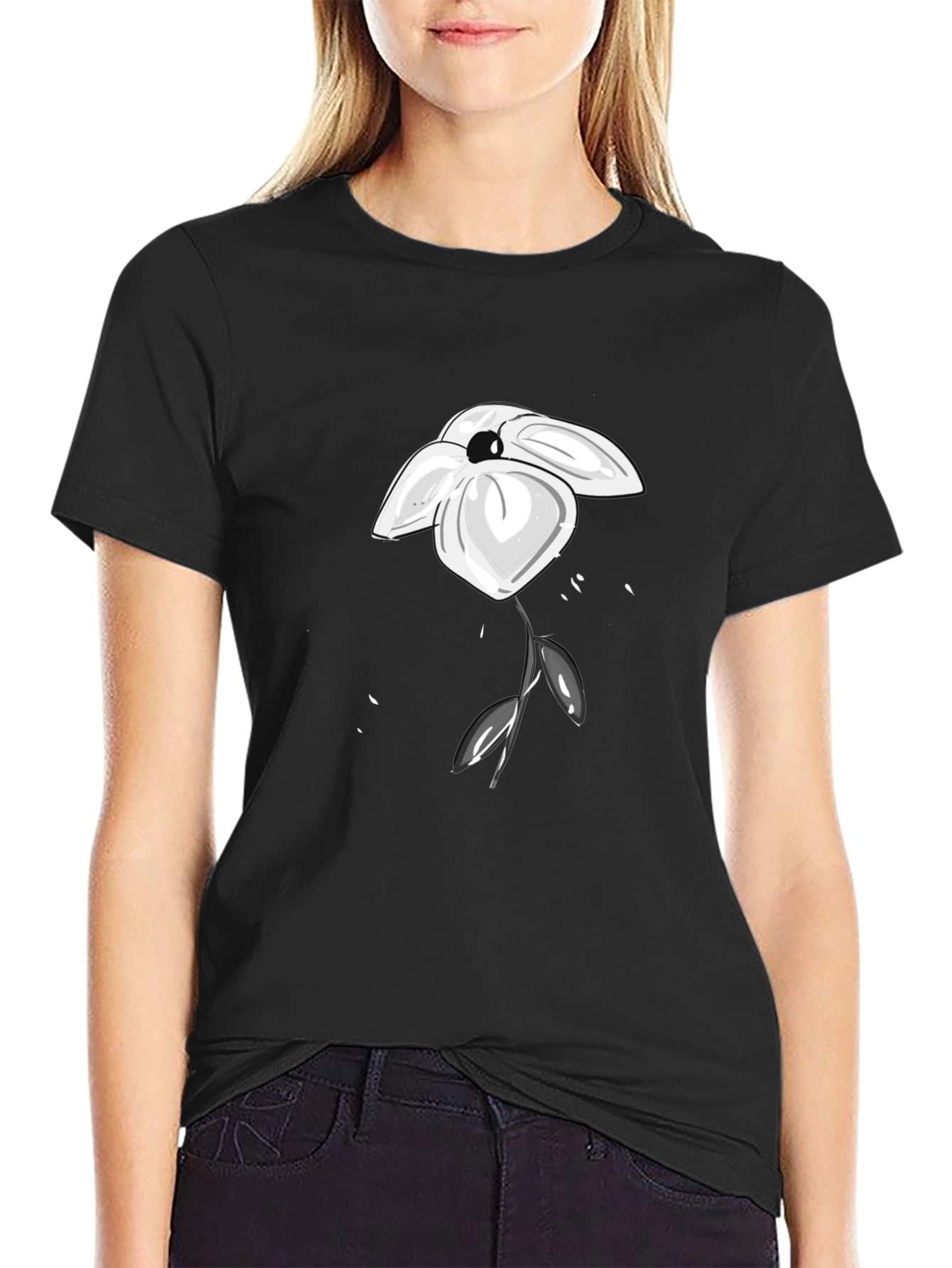 Minimalist Flower Graphic Black T-Shirt
