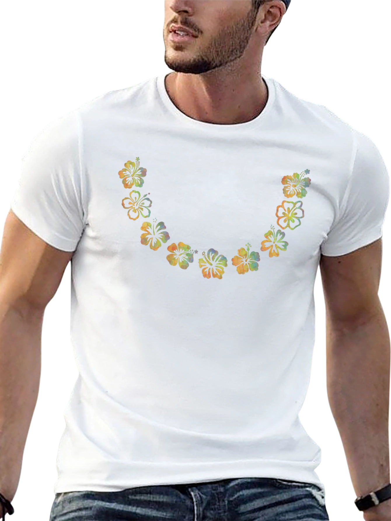 Floral U-Neck Tee - Vibrant Hawaiian Flower Design