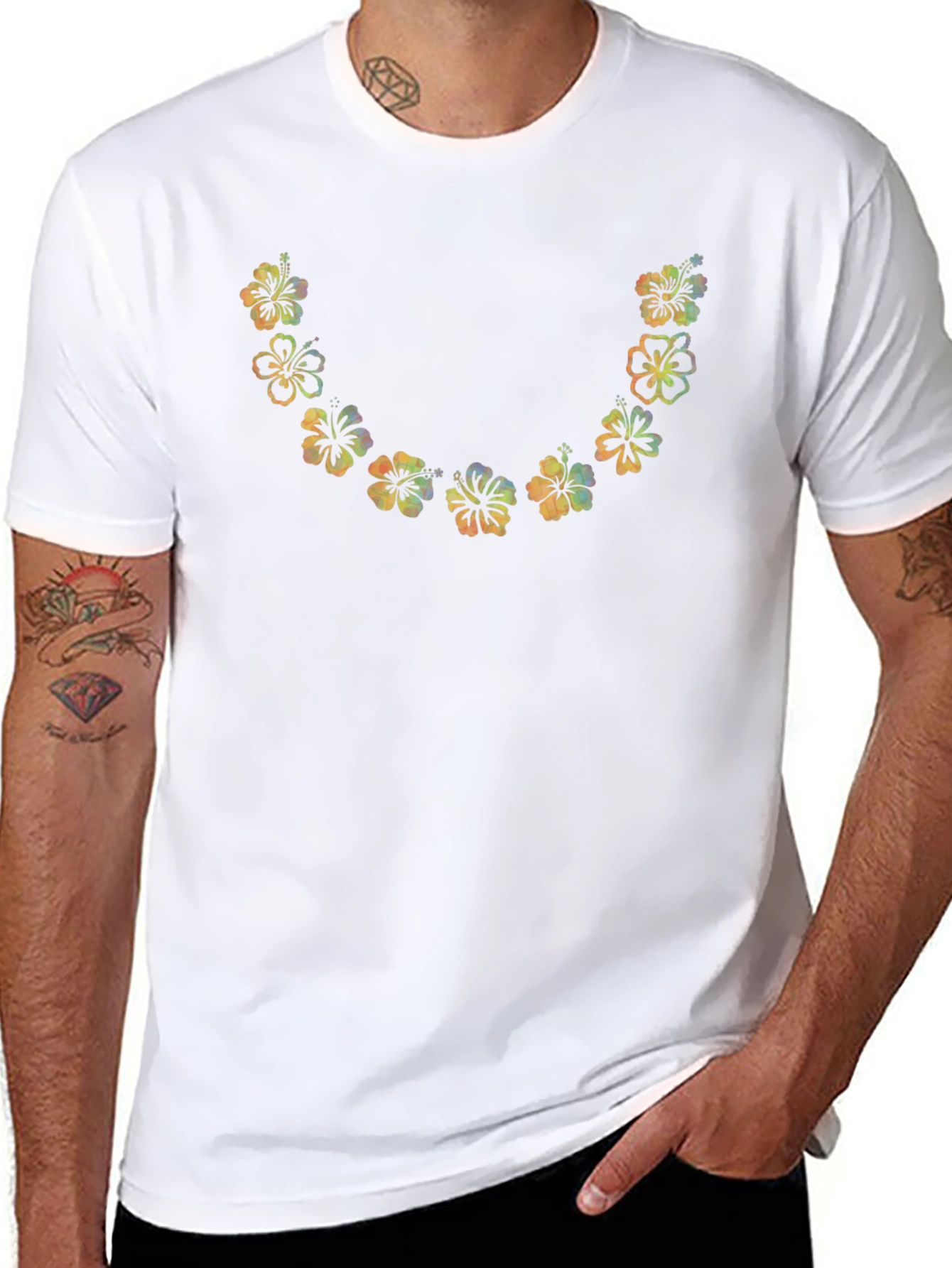 Floral U-Neck Tee - Vibrant Hawaiian Flower Design