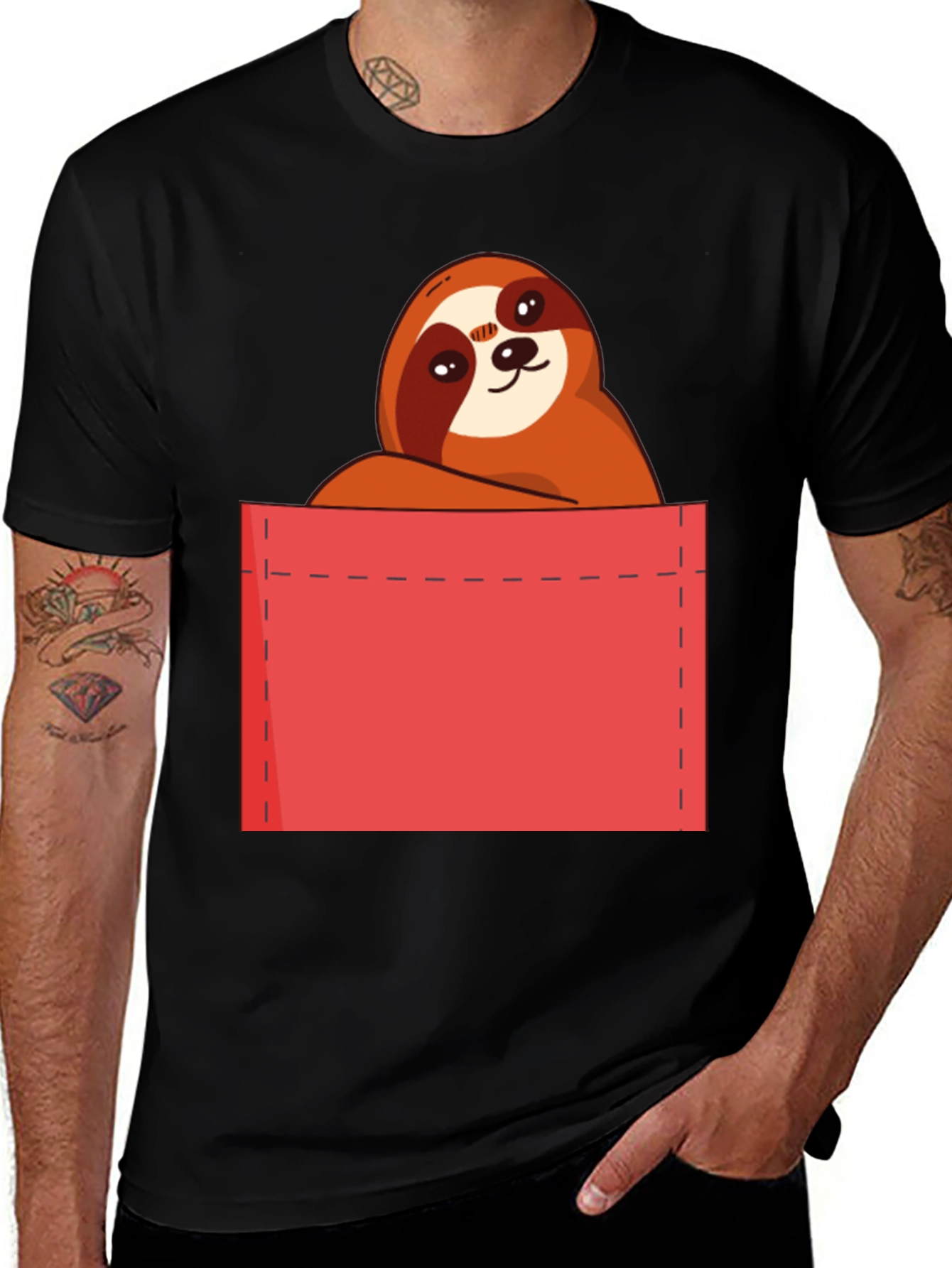 Sloth in Pocket T-Shirt - Cute Cartoon Animal Tee