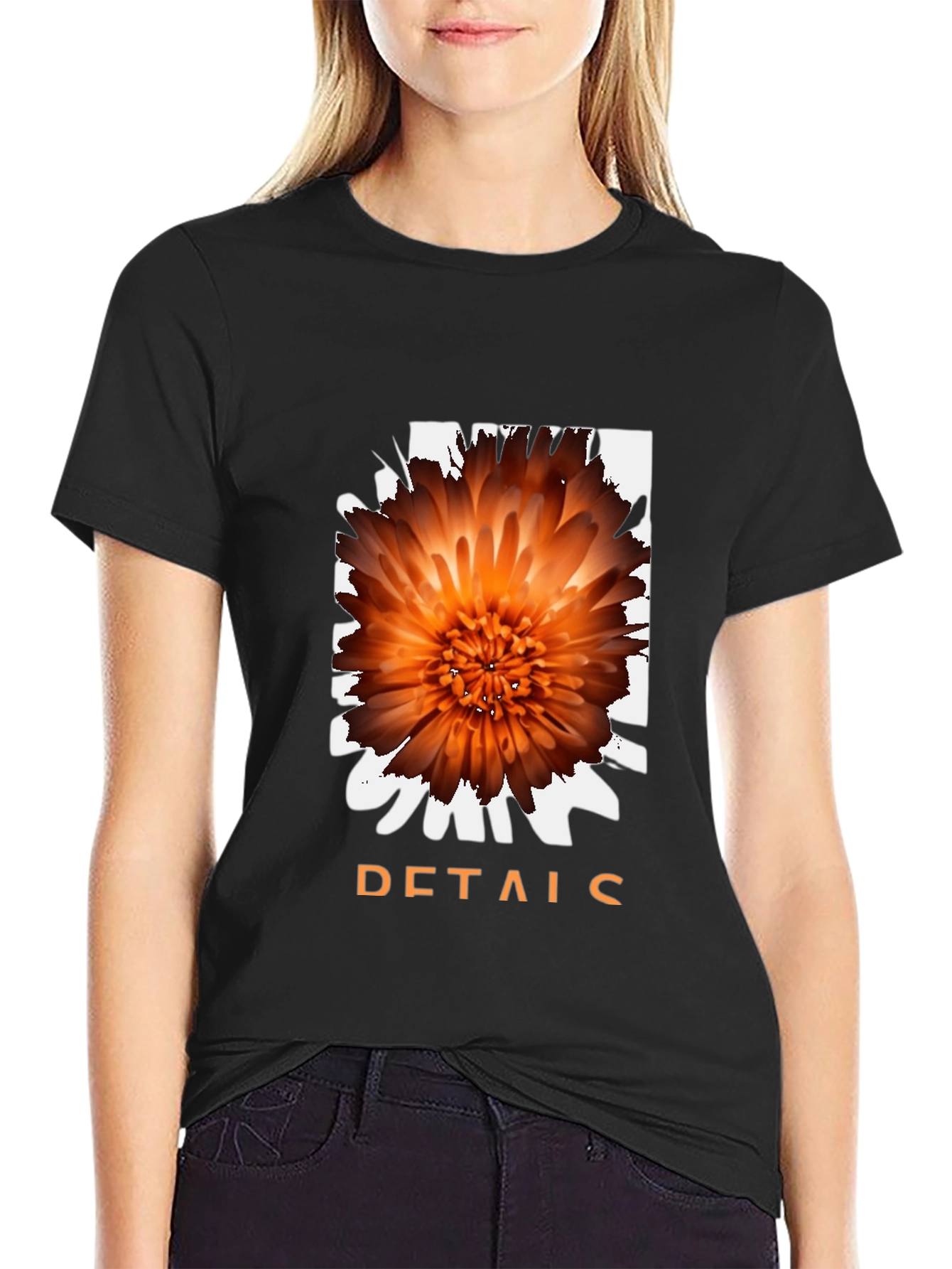 Floral Details Graphic Black T-Shirt