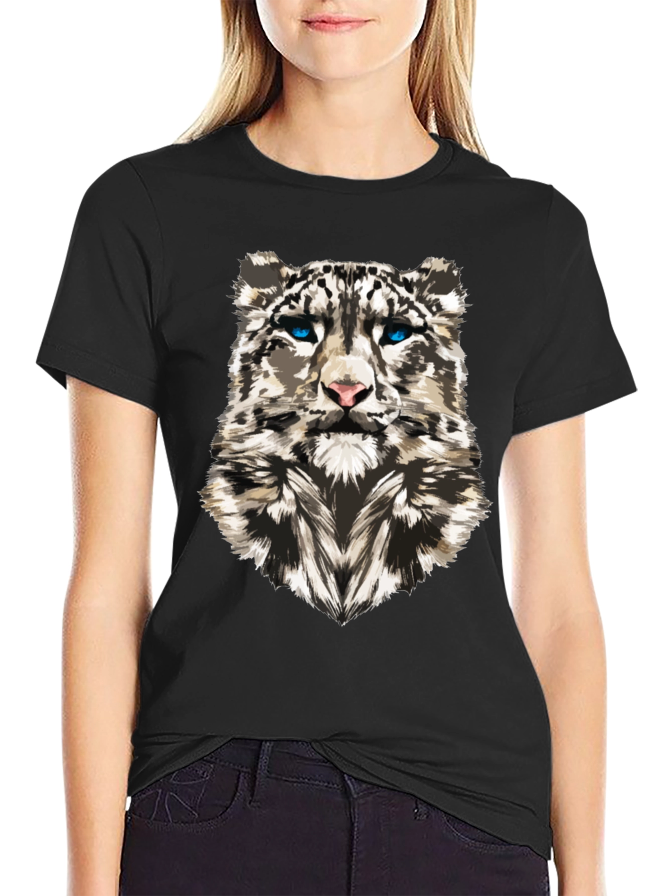 Snow Leopard Graphic Print Black T-Shirt