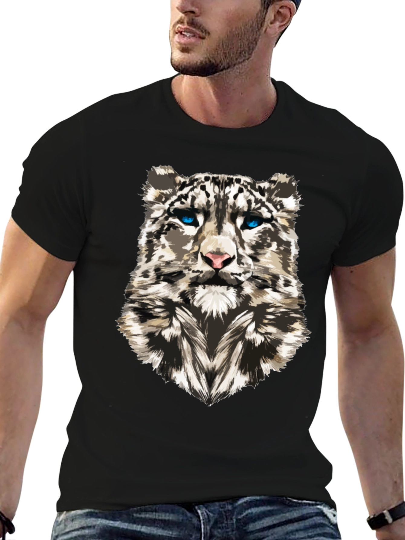 Snow Leopard Graphic Print Black T-Shirt