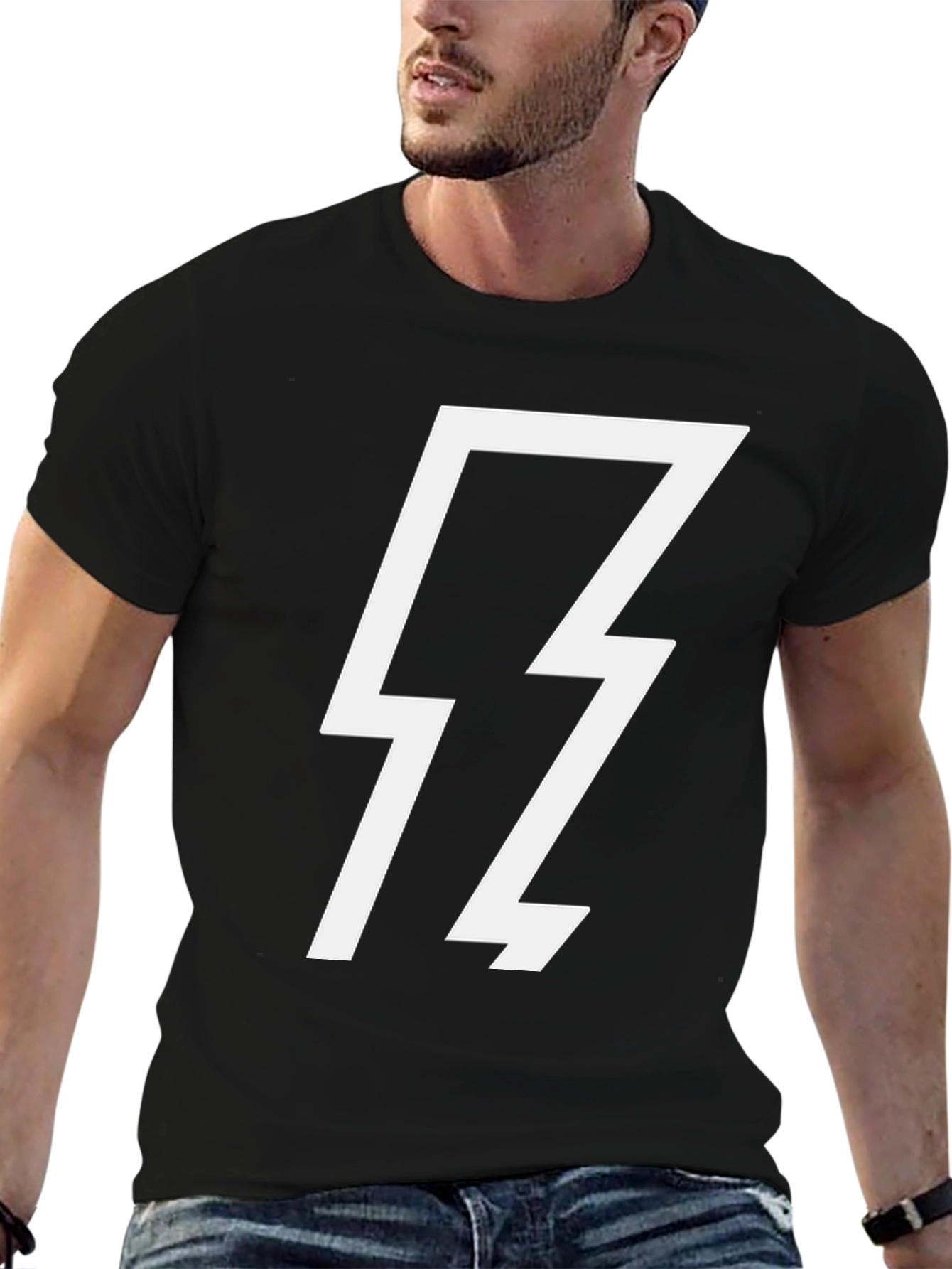 Black T-Shirt with White Lightning Bolt Graphic