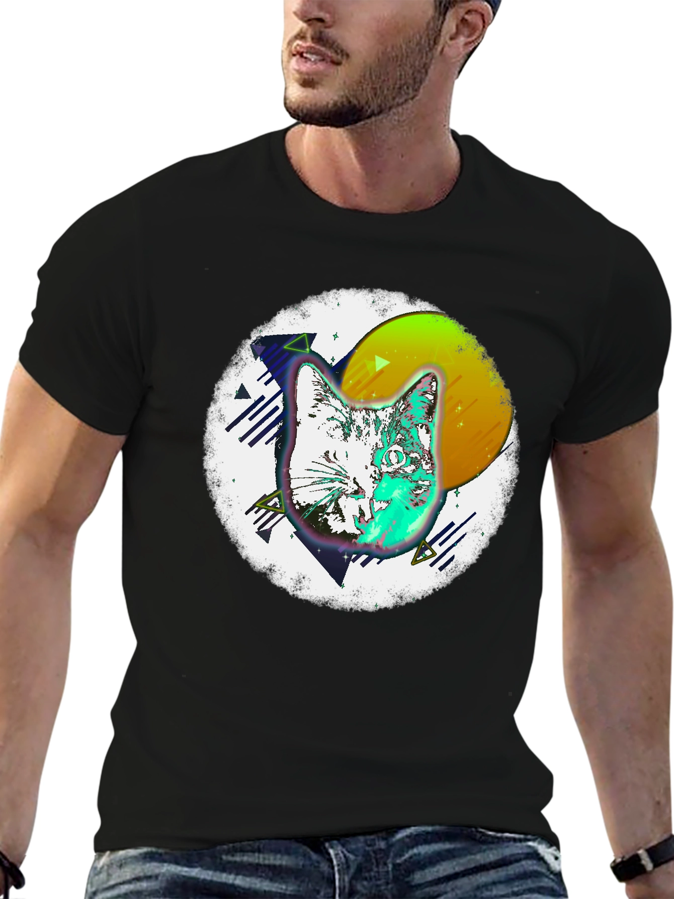 Retro Cat Graphic Tee - Mens Black T-Shirt