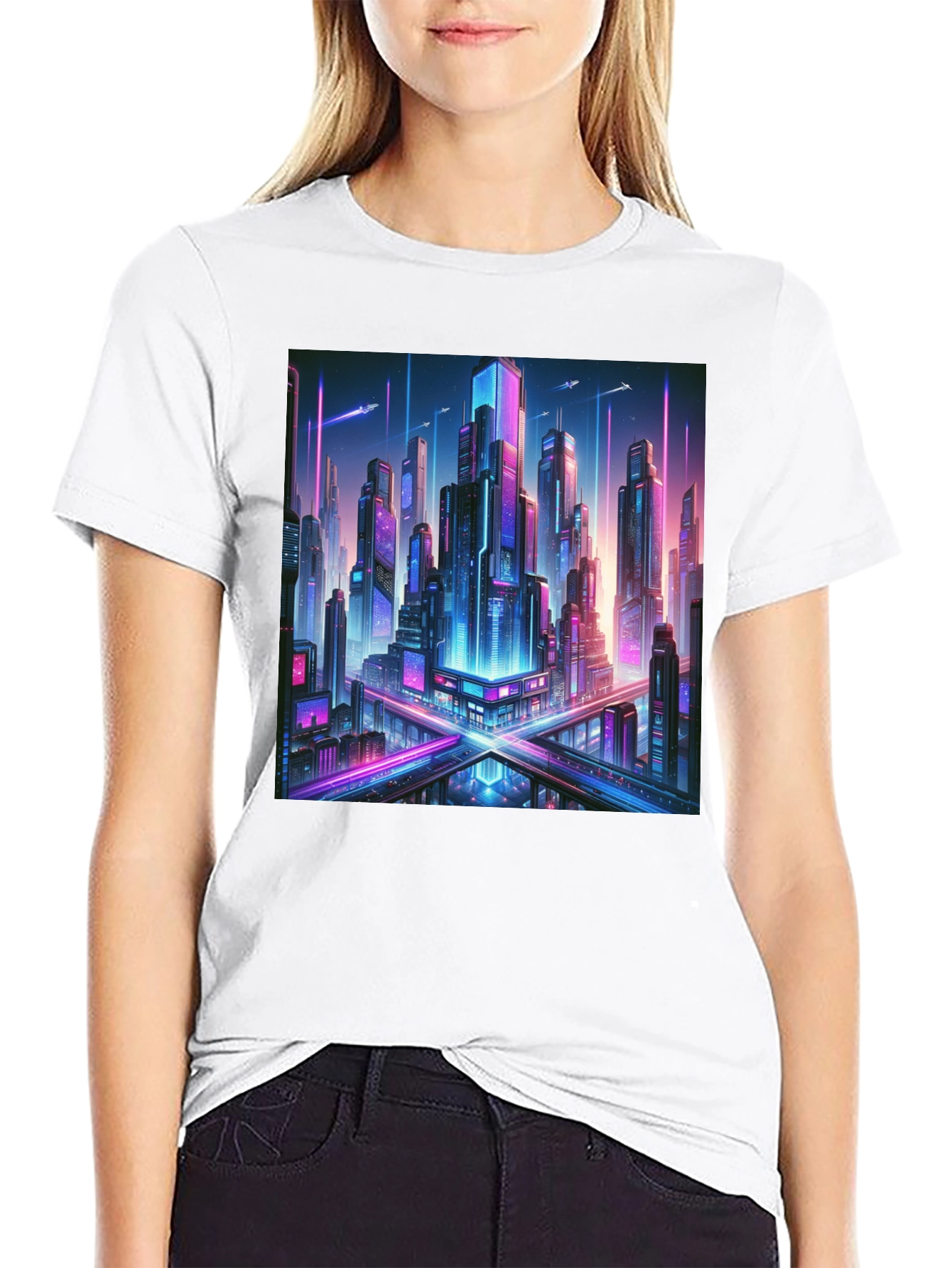 Cyberpunk Cityscape Graphic Tee - Black Cotton T-Shirt