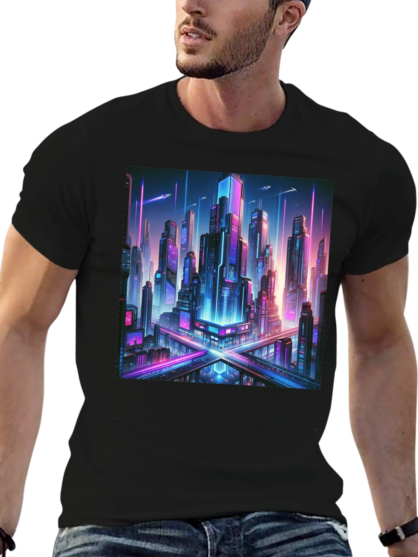 Cyberpunk Cityscape Graphic Tee - Black Cotton T-Shirt