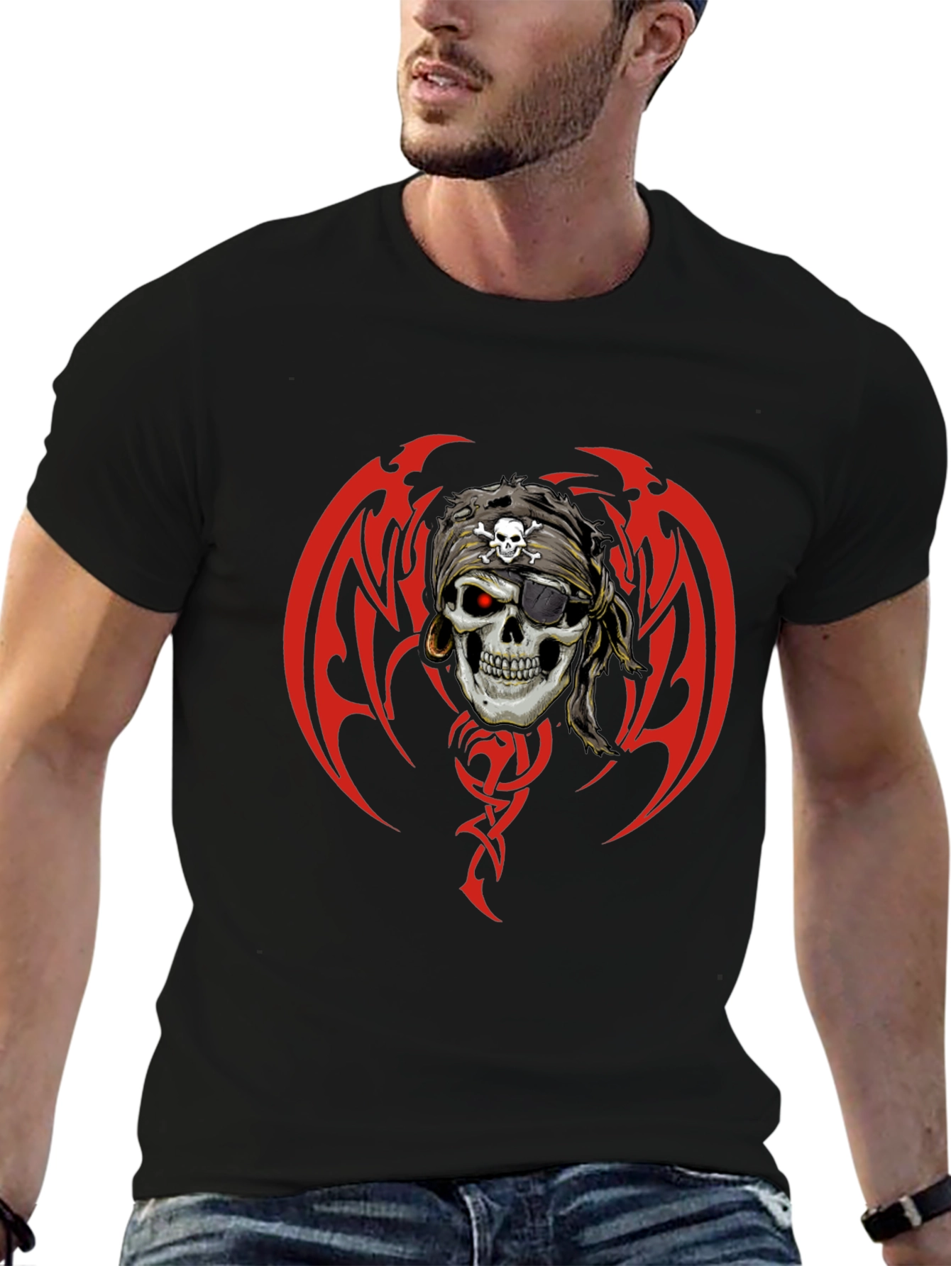 Pirate Skull Graphic Print T-Shirt - Black