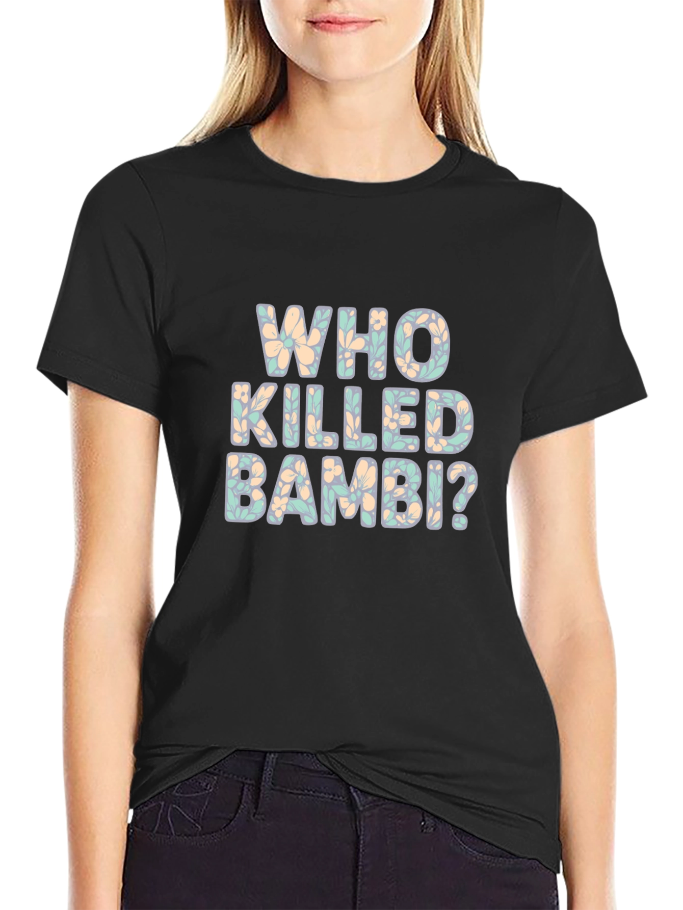 Who Killed Bambi? Floral Graphic Print Black T-Shirt