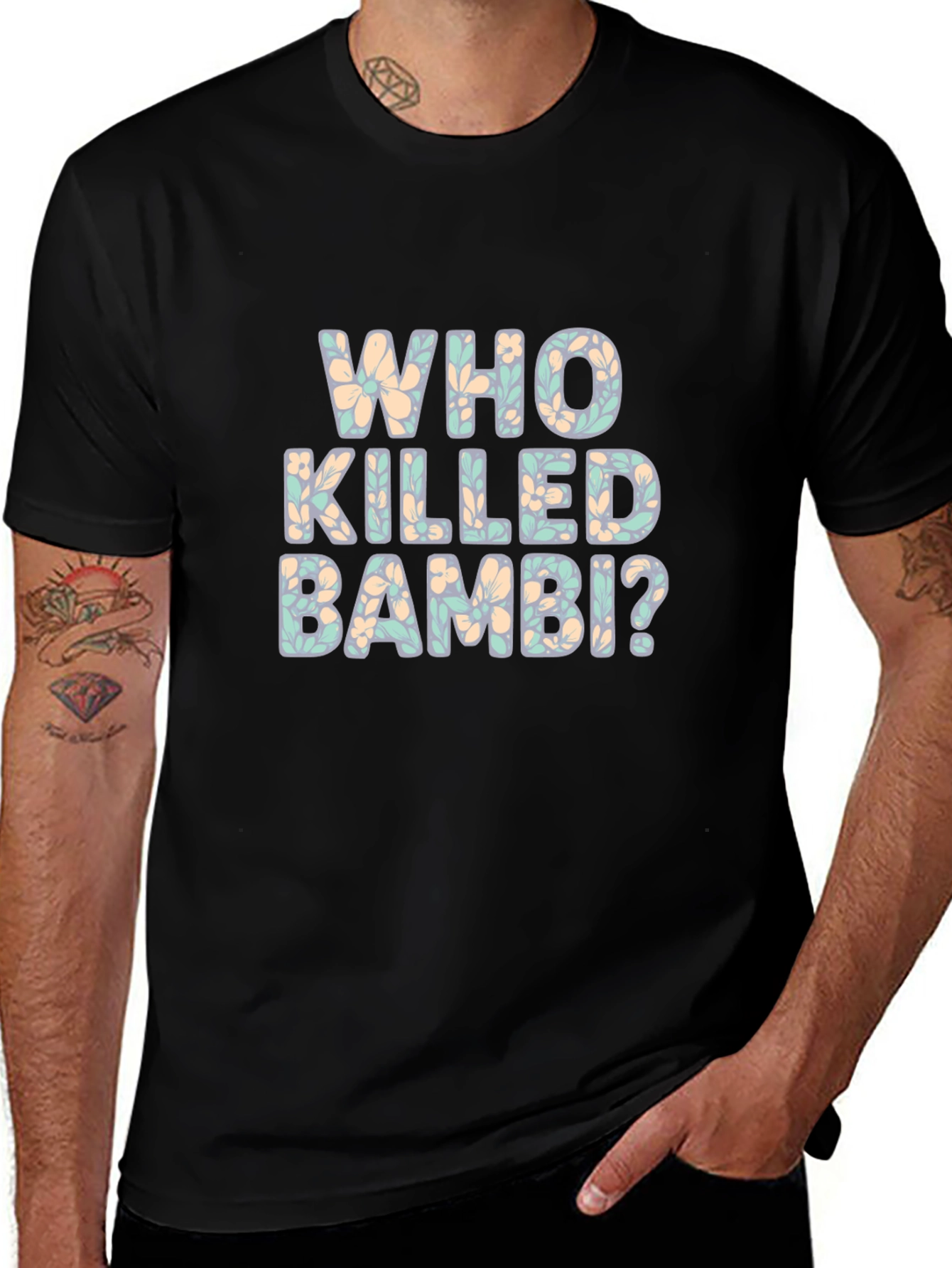 Who Killed Bambi? Floral Graphic Print Black T-Shirt