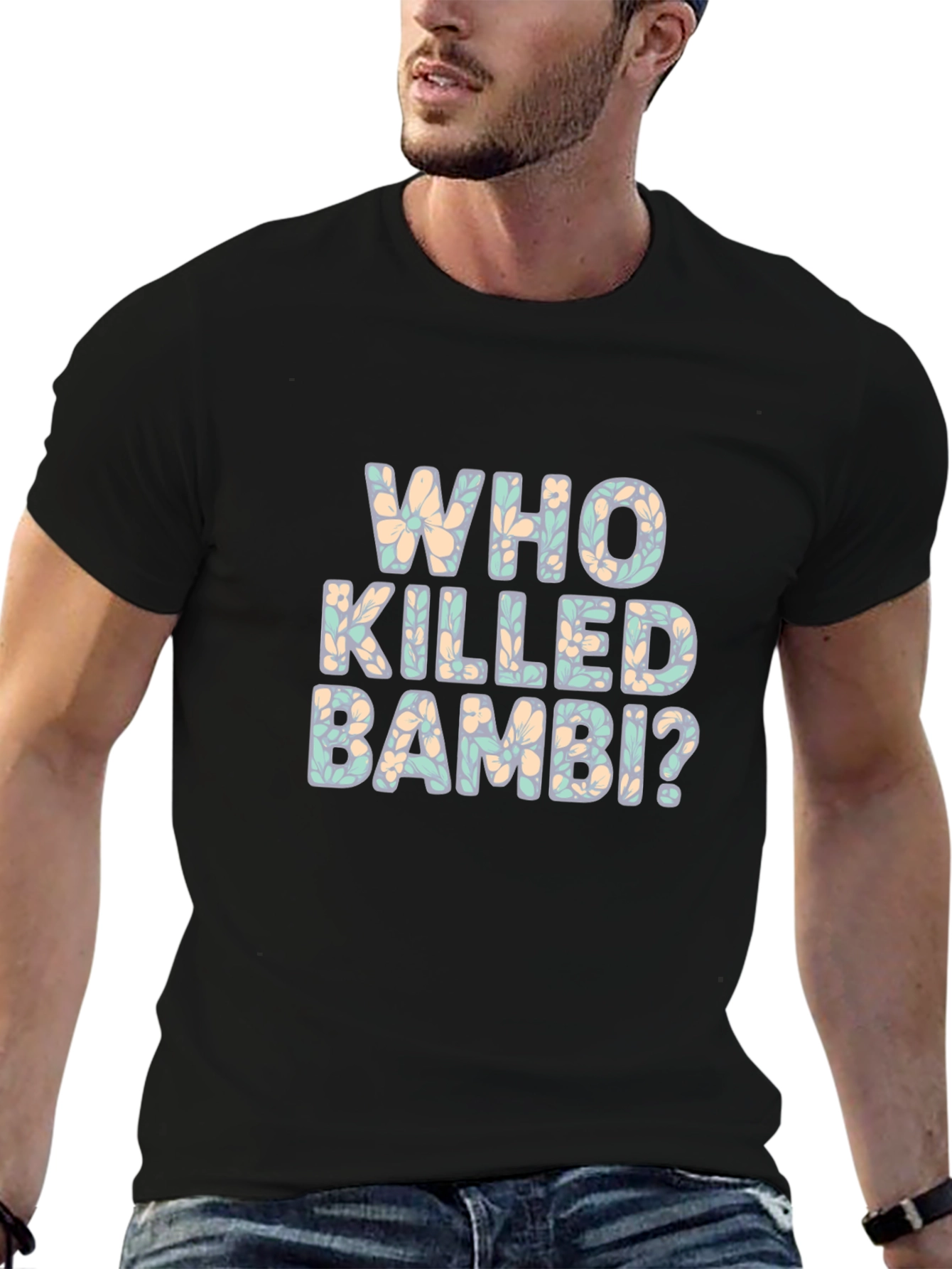 Who Killed Bambi? Floral Graphic Print Black T-Shirt