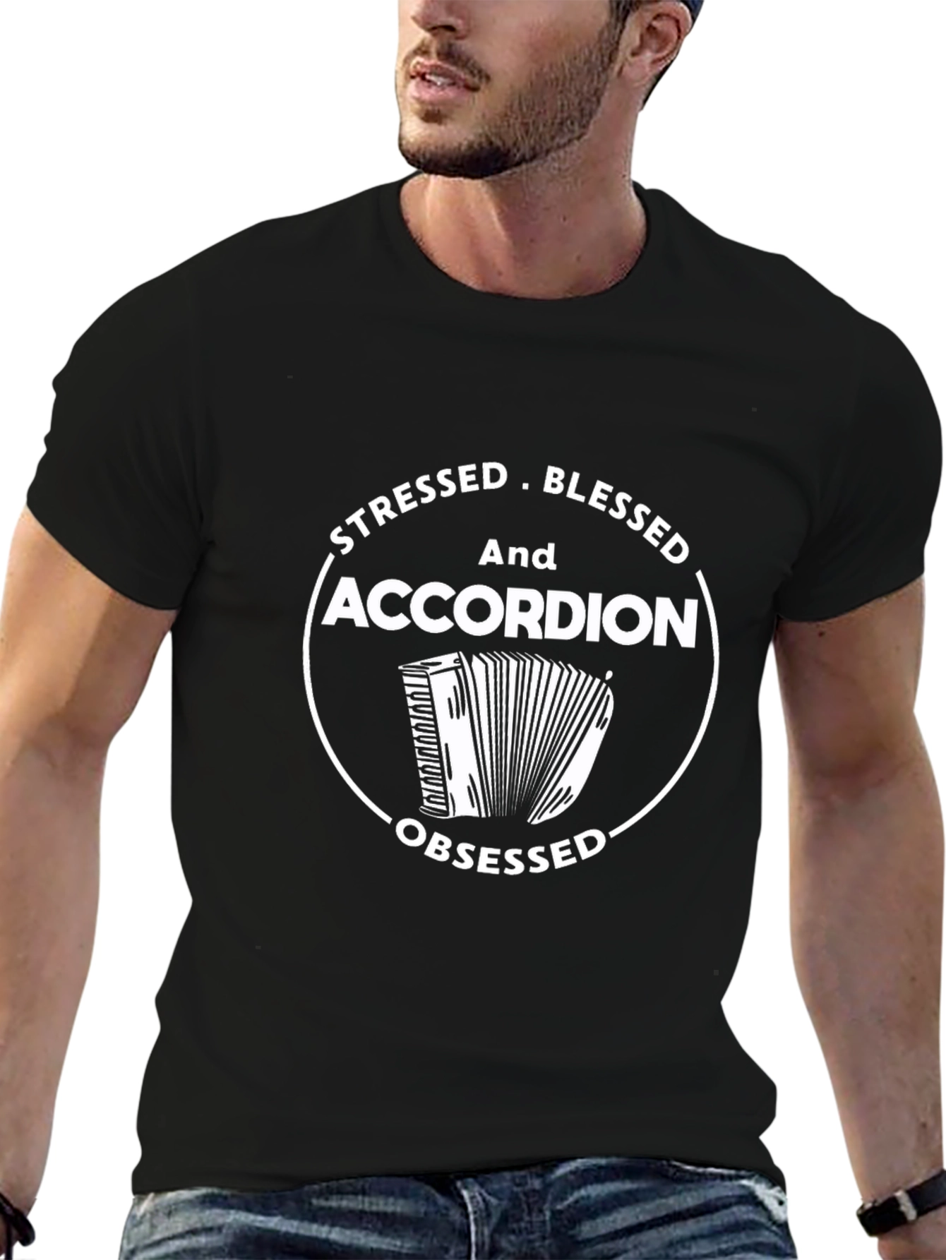 Stressed Blessed Accordion Obsessed Black T-Shirt