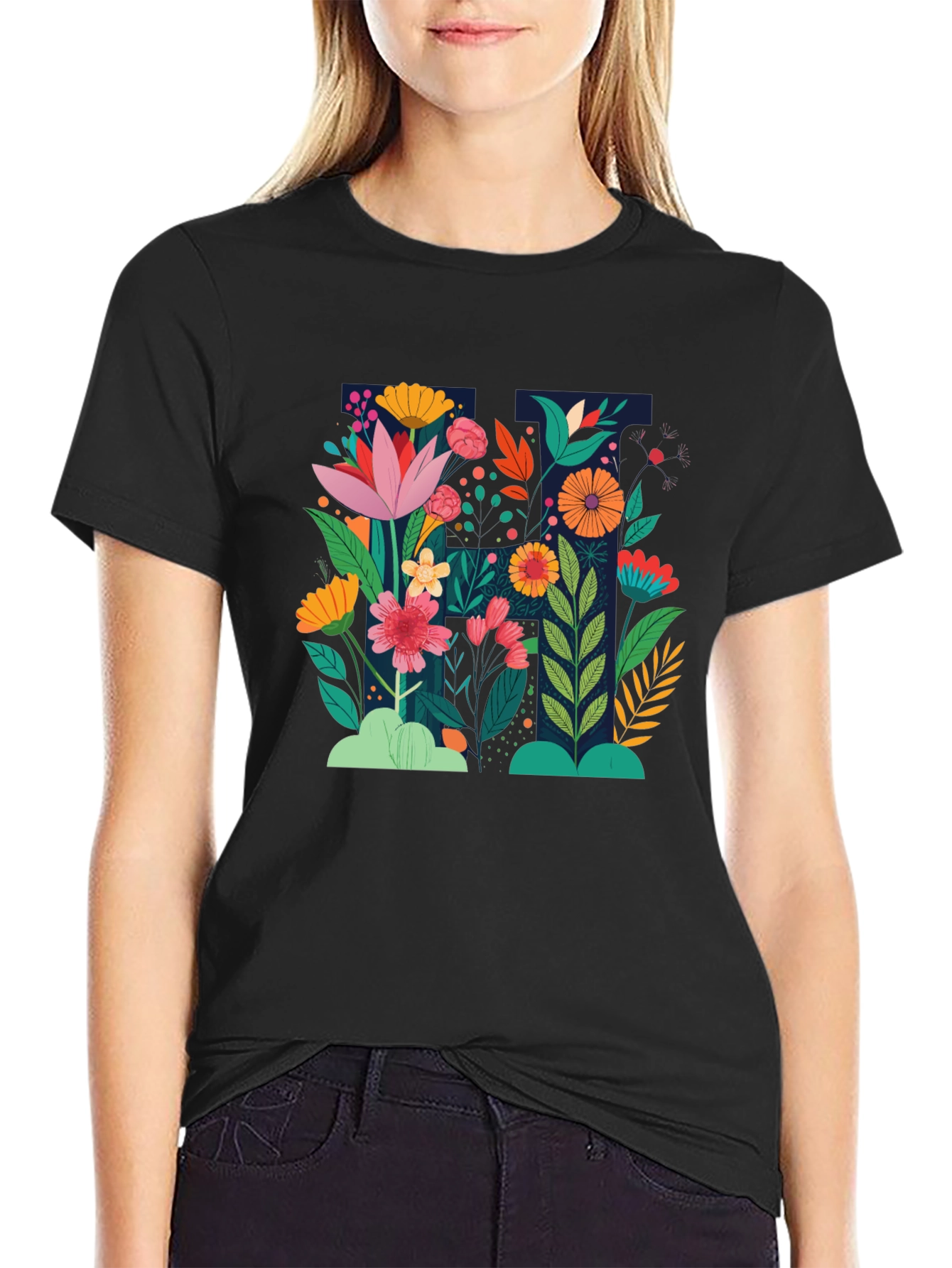 Floral Print Black Crew Neck T-Shirt