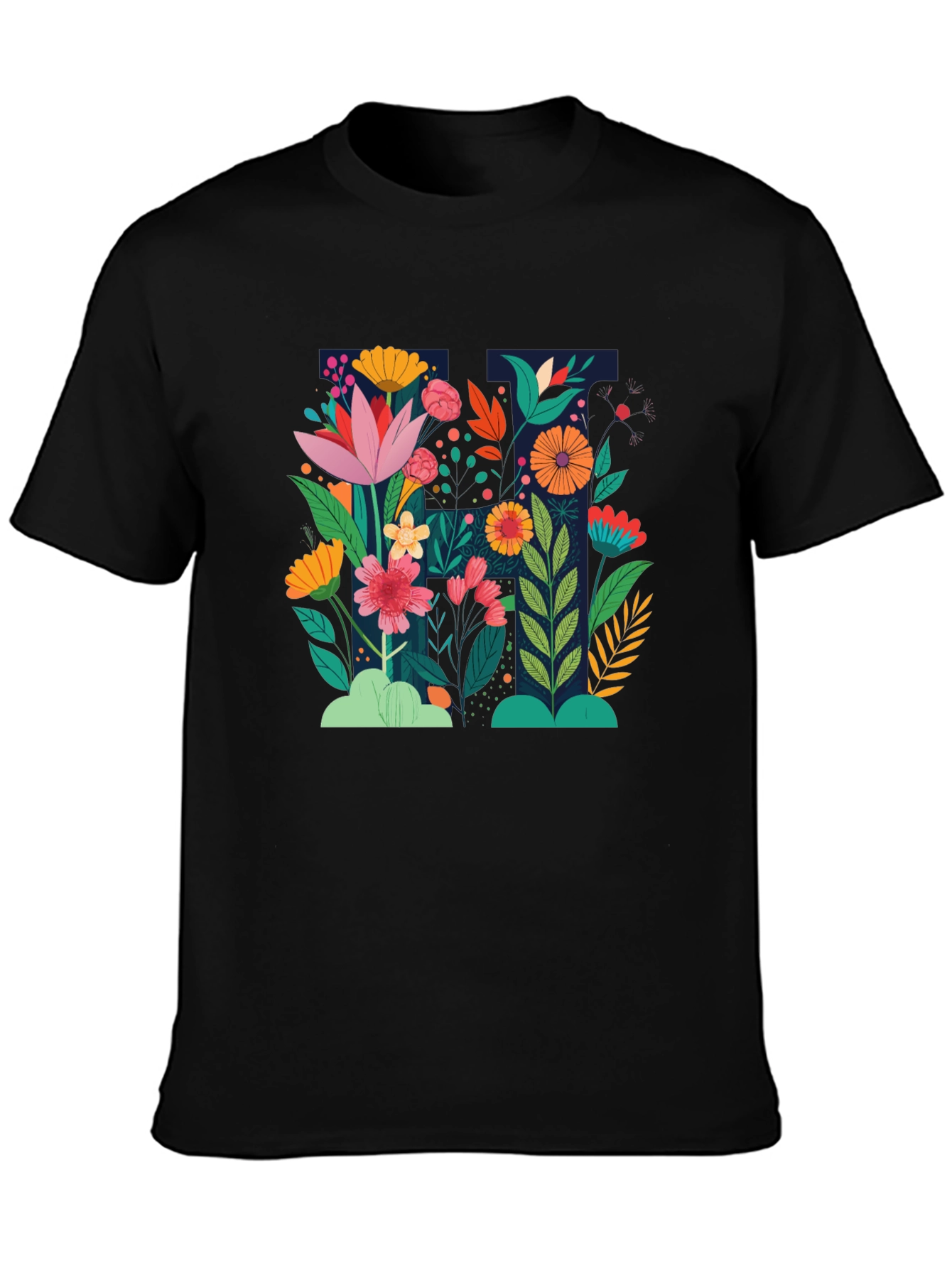 Floral Print Black Crew Neck T-Shirt