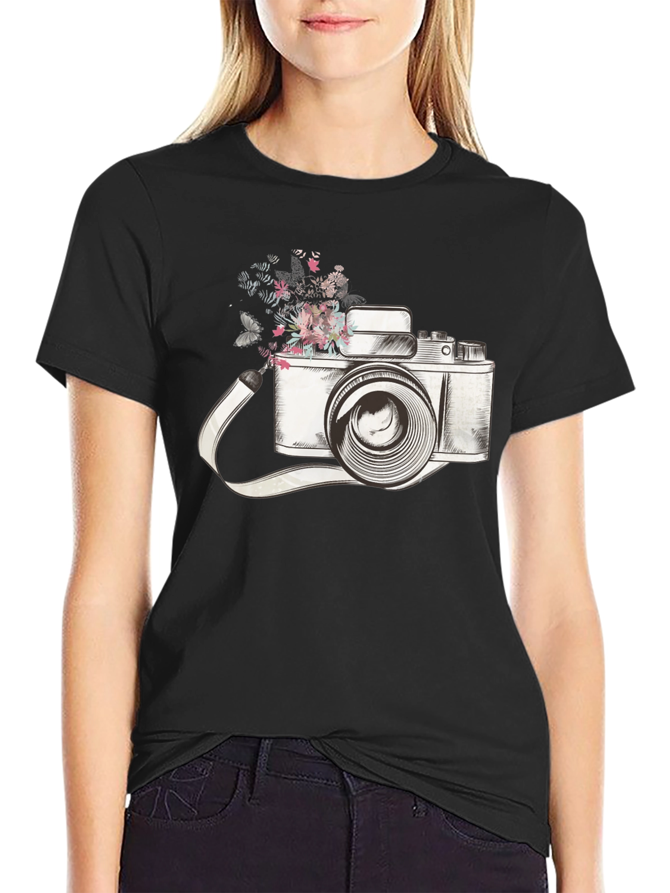 Floral Camera Graphic Tee - Trendy Unisex T-Shirt