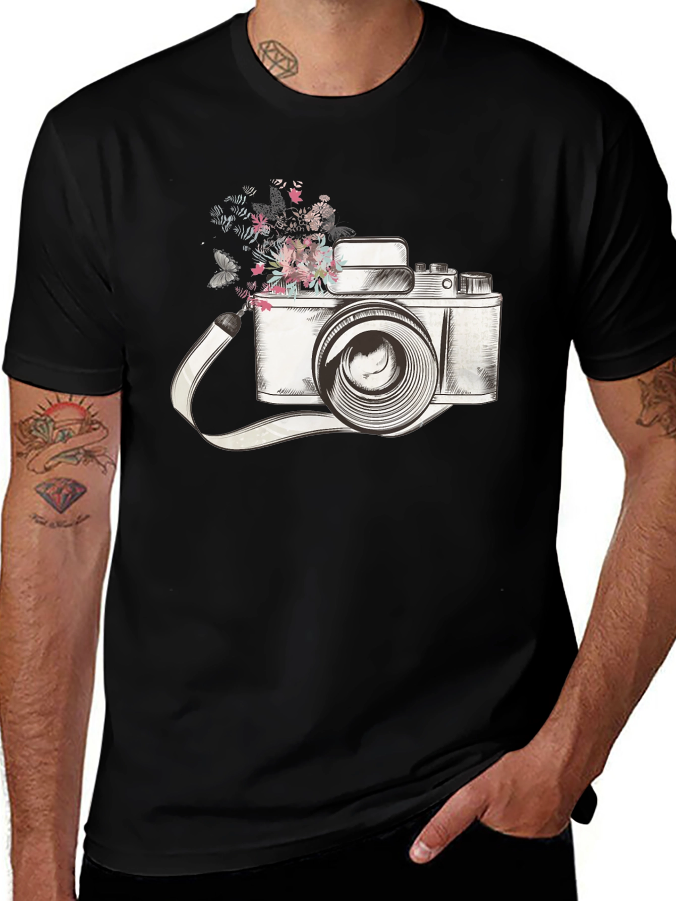 Floral Camera Graphic Tee - Trendy Unisex T-Shirt