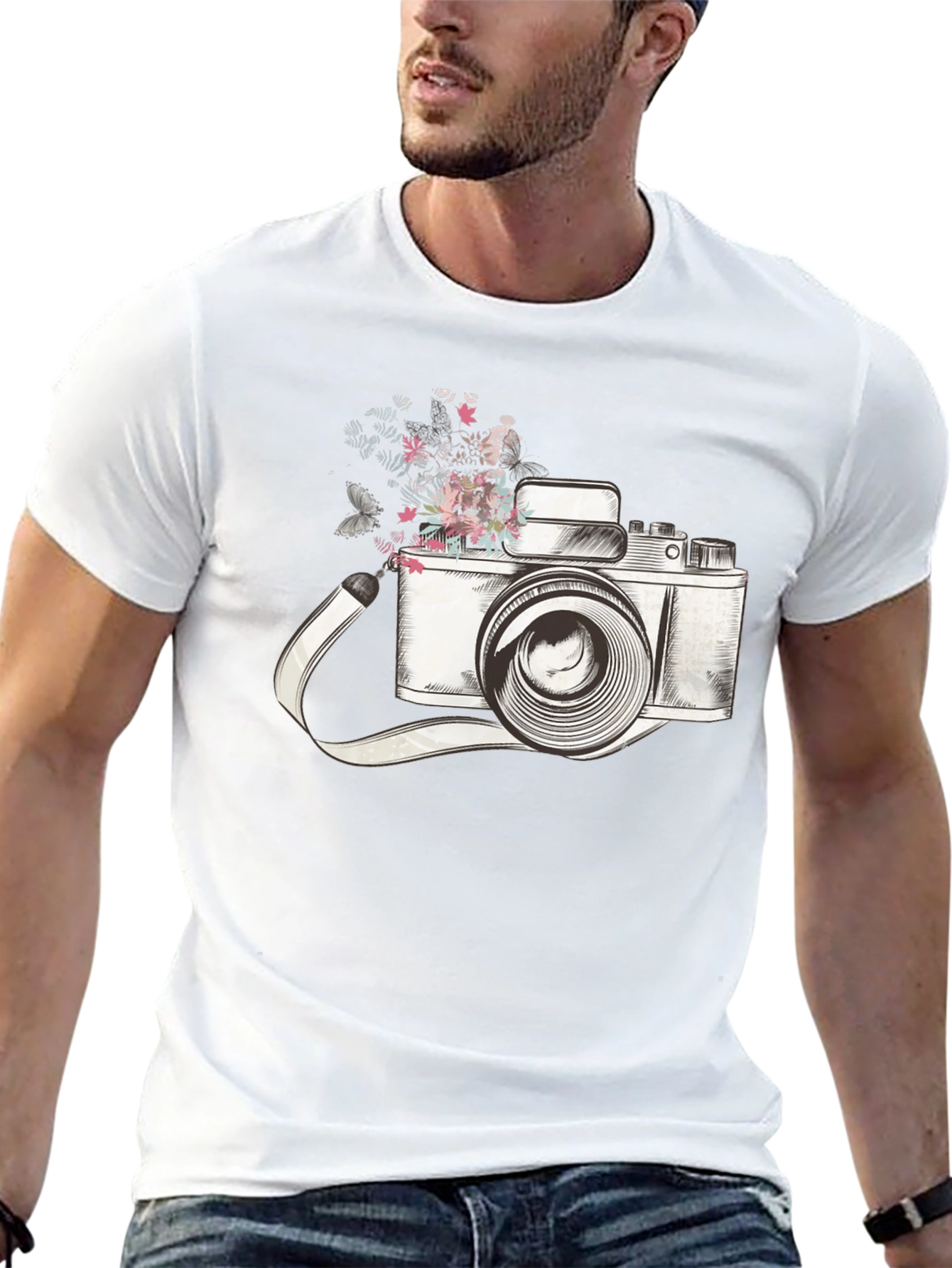 Floral Camera Graphic Tee - Trendy Unisex T-Shirt
