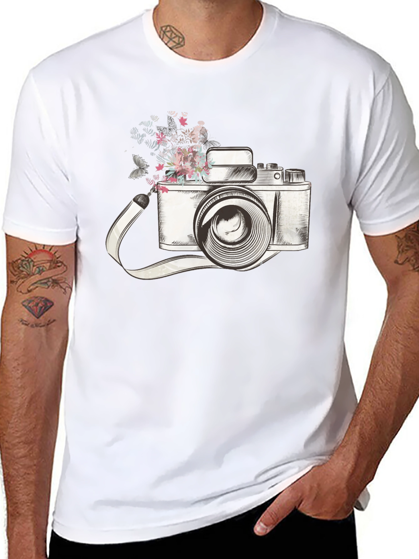 Floral Camera Graphic Tee - Trendy Unisex T-Shirt